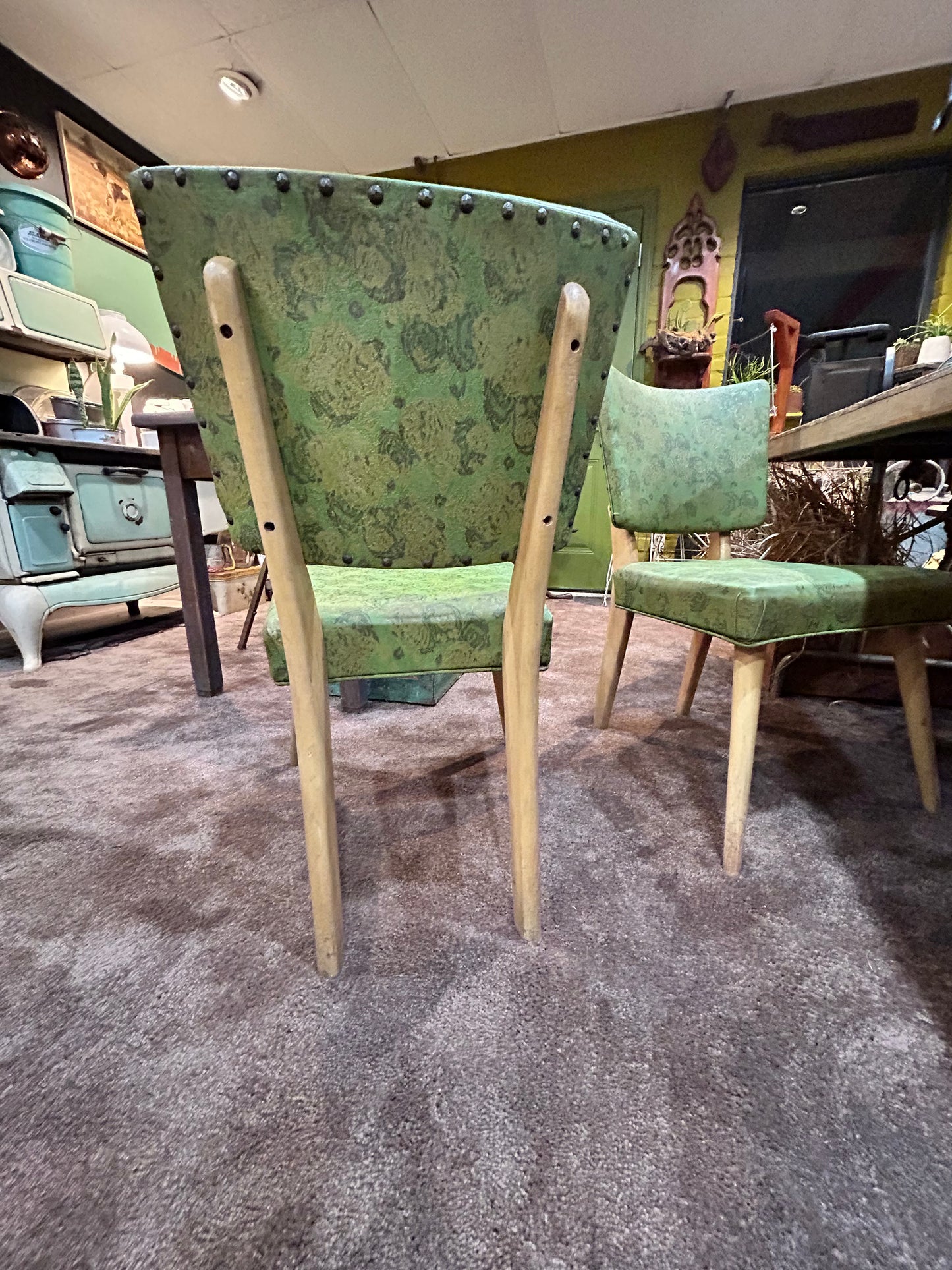 Mid Century Green Floral Print Vinyl Chairs- Meier Pohlmann Set of 2
