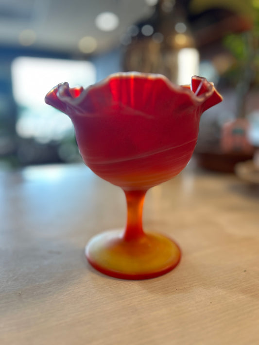Vintage Red Flame Imperial Slag Glass Pedestal Bowl