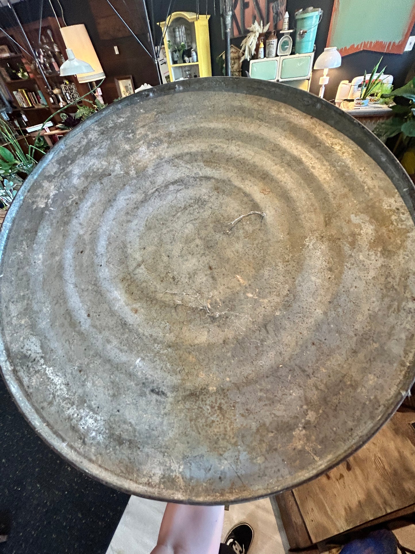 Vintage Galvanized Gas Can- Patina Red Metal- Blue Handle