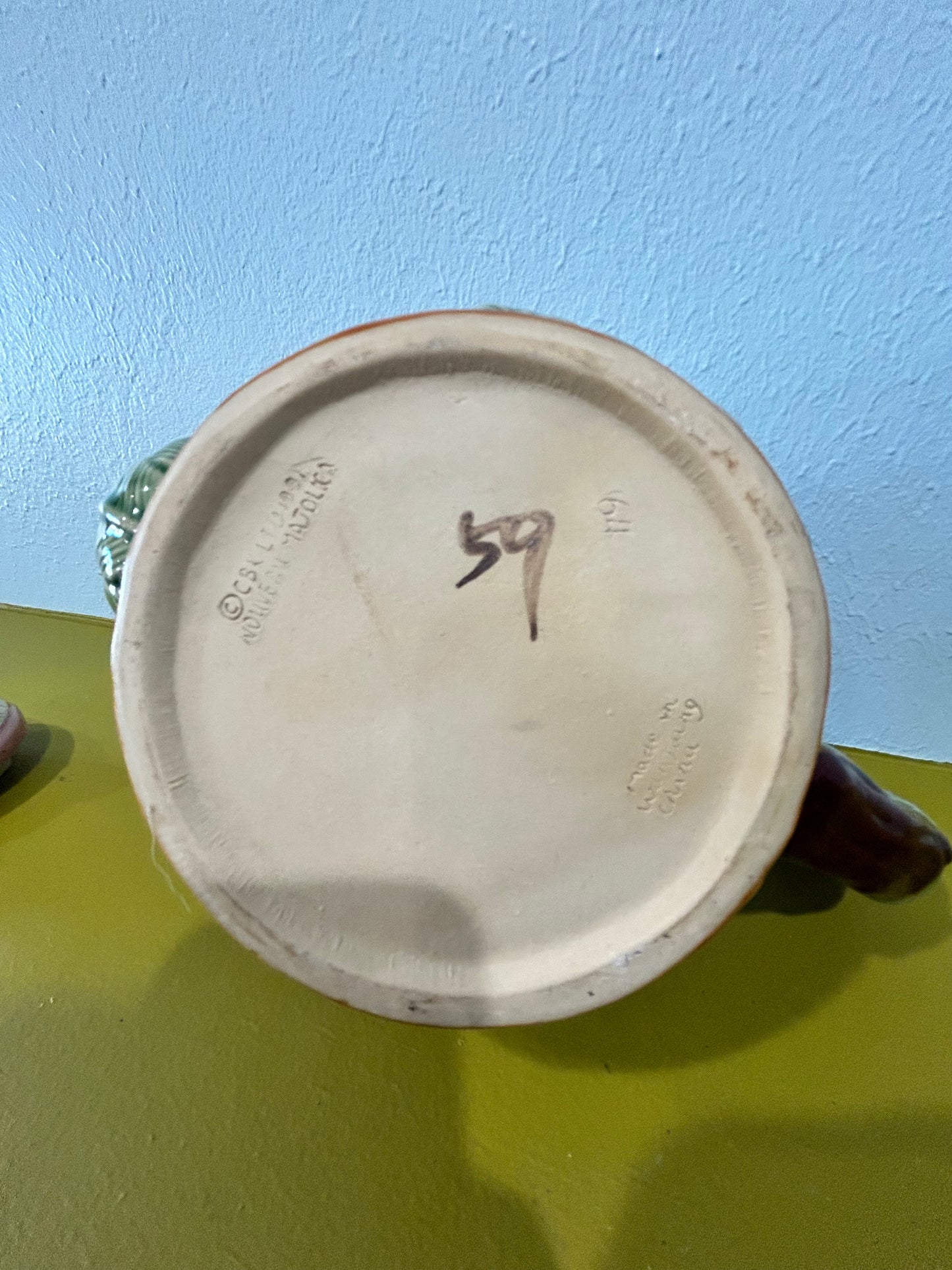 Vintage Majolica Ceramic Teapot- Snail Lid Stamped/Signed by Artist