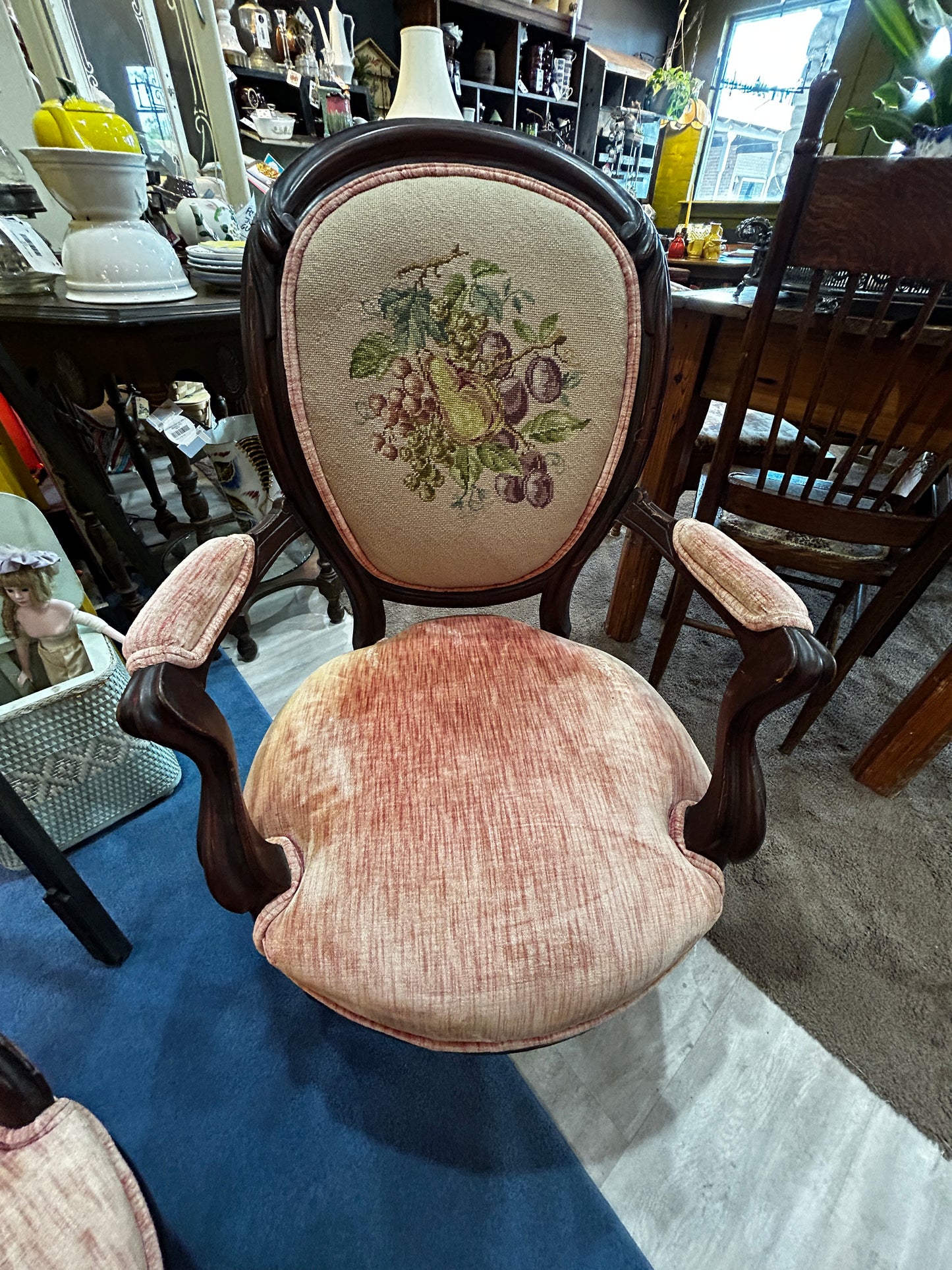 Set of 2 Pink Velvet Mahogany Needlepoint Parlour Chairs
