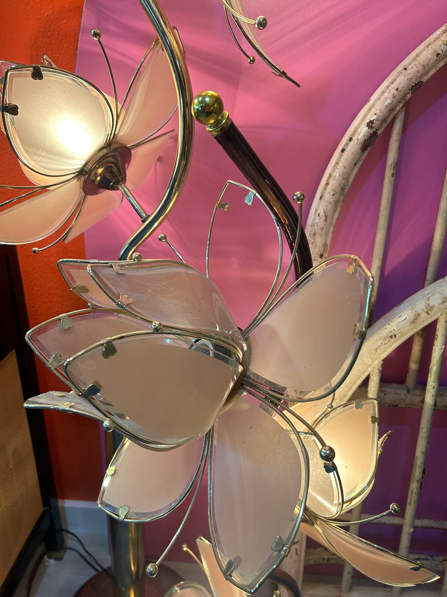 Italian Gilded Metal Lotus Flower Floor Lamps