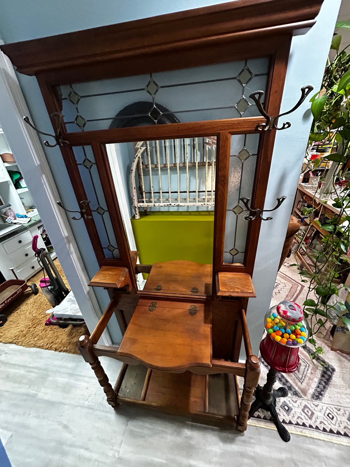 Vintage Oak Hall Tree- Stained Glass Trim and Mirror