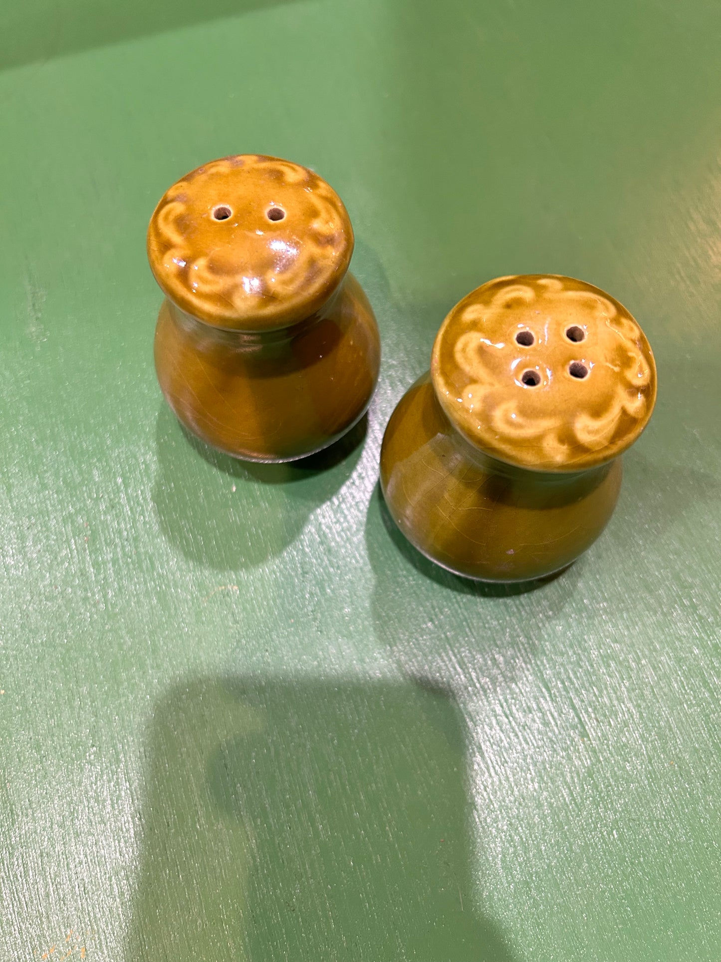 Vintage Lusterware Olive Green Salt and Pepper Shaker Set