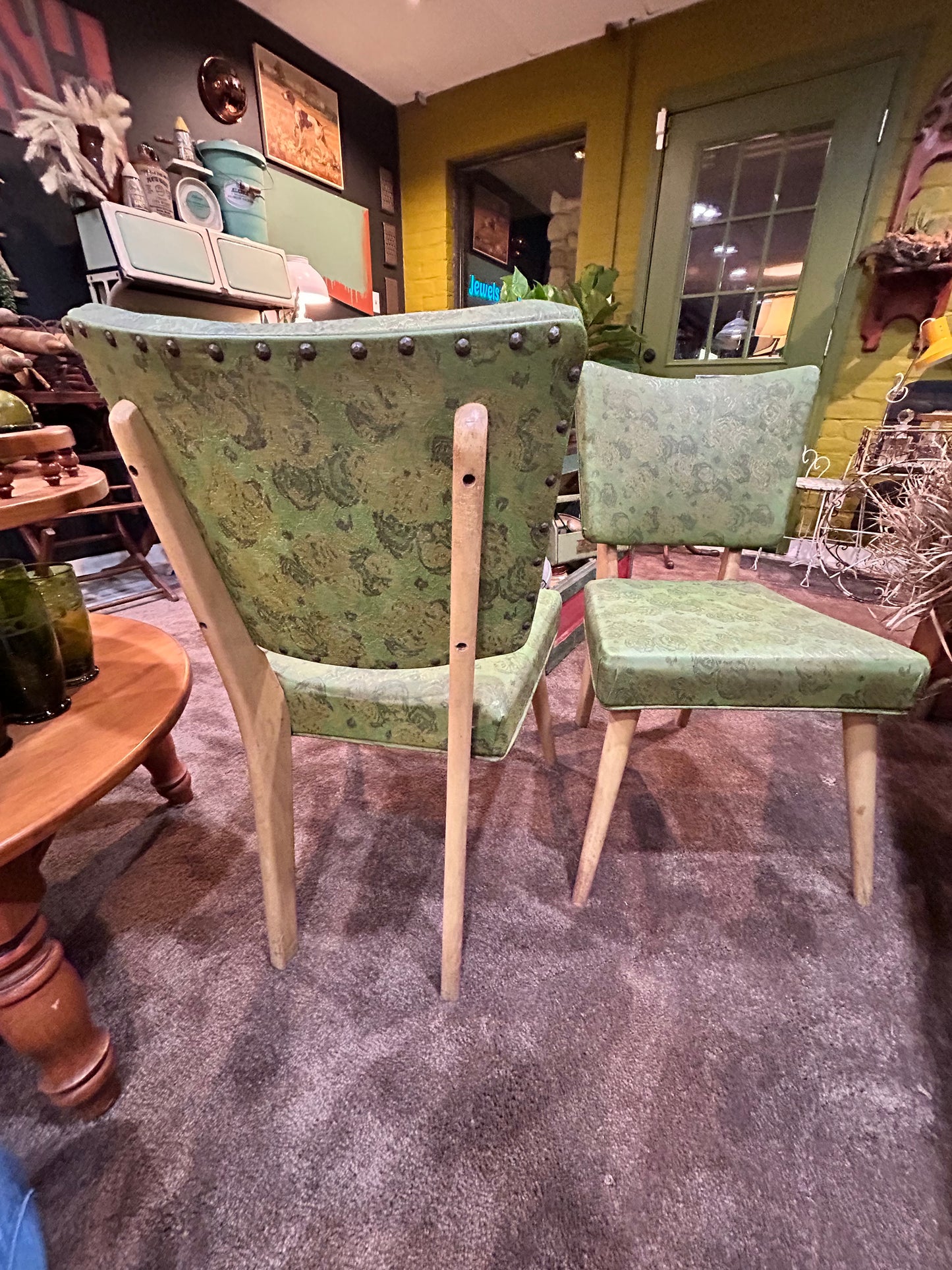 Mid Century Green Floral Print Vinyl Chairs- Meier Pohlmann Set of 2