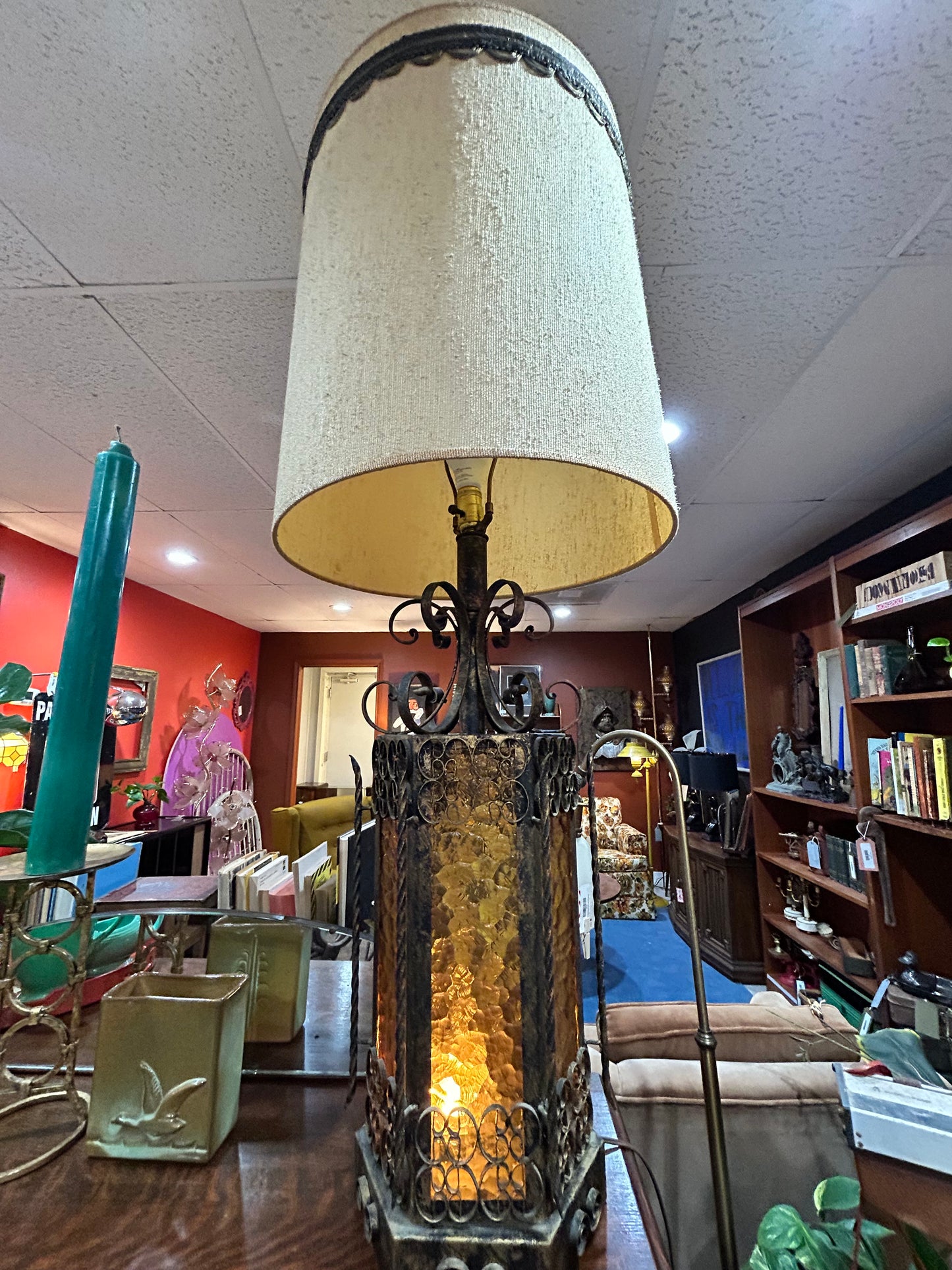 Vintage Amber Glass and Iron Spanish Revival Gothic Table Lamp