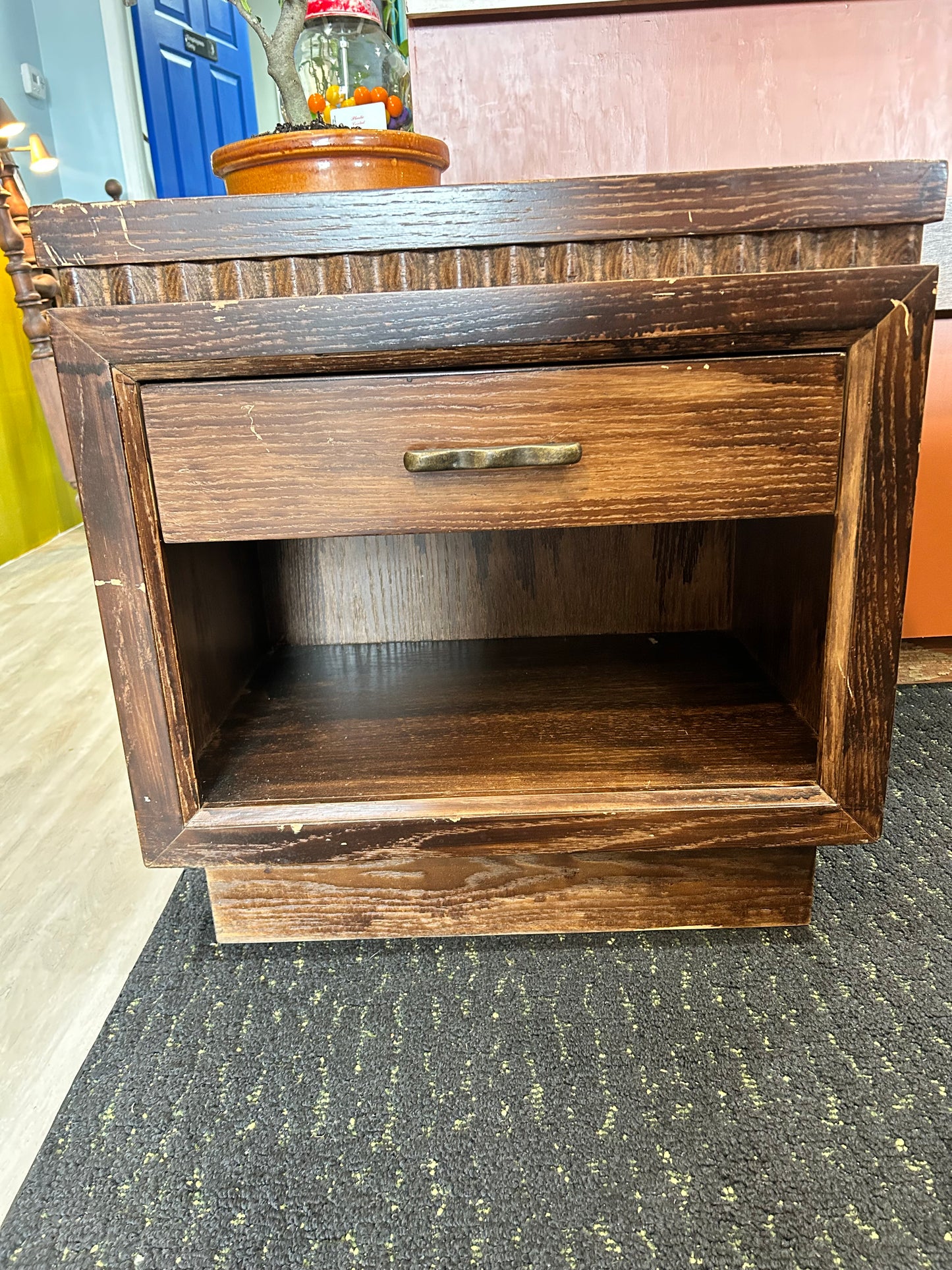 MCM Wooden Nightstand- Tan Panel Top with Drawer