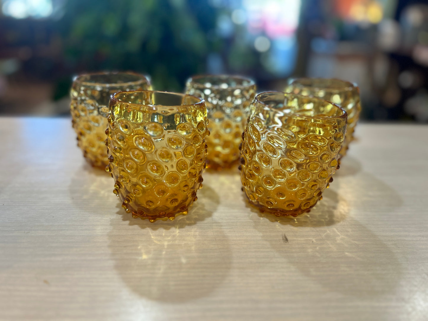 Set of 5 Hand Blown Amber Hobnail Glasses