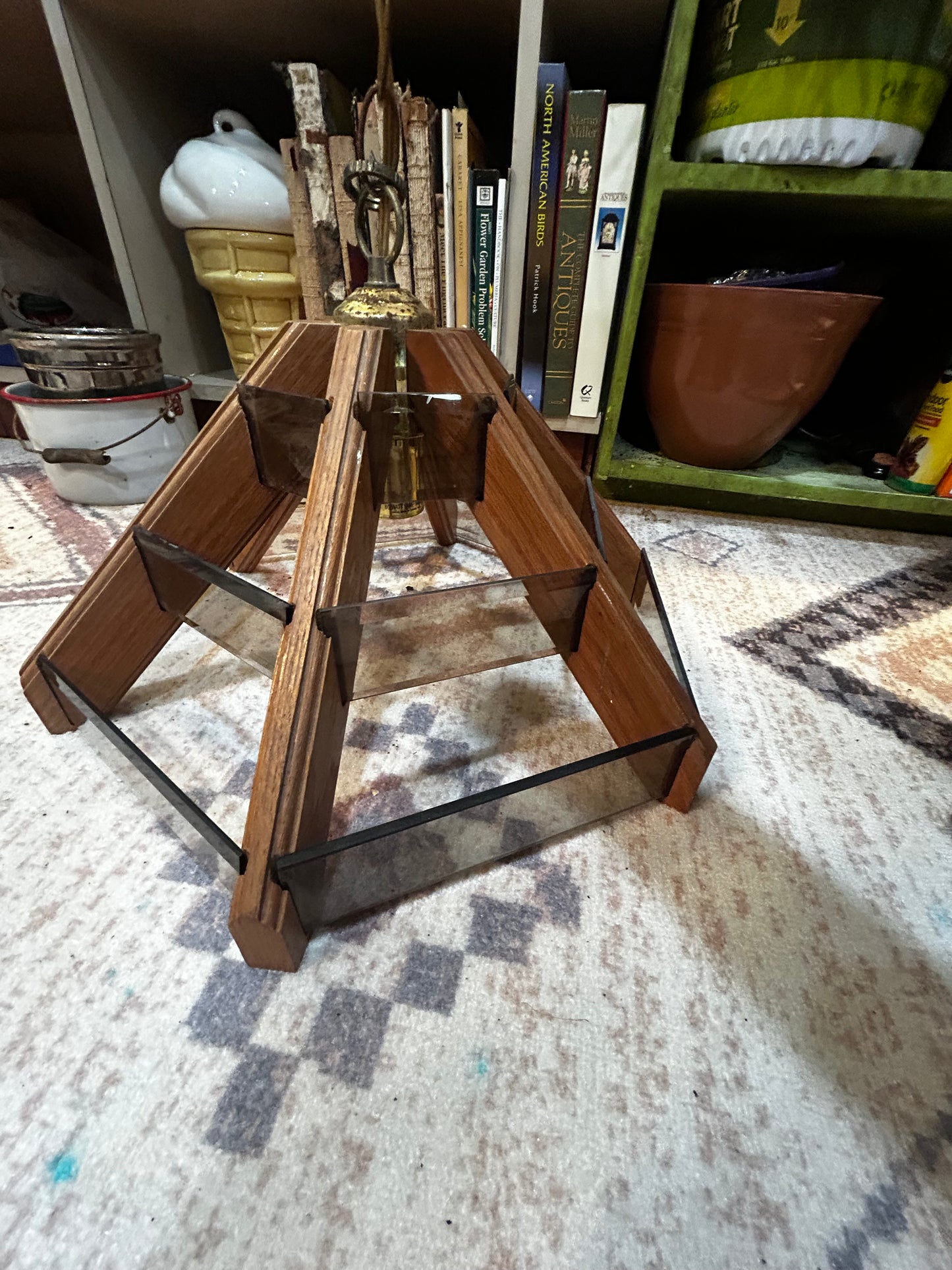 Mid Century Hexagon Swag Chandy- Tinted Brown Glass Slats