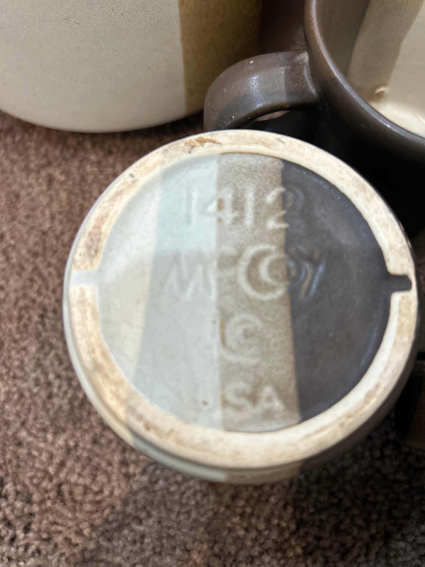 Vintage McCoy Sandstone Canister and 5 Sandstone Mugs- Set of 6