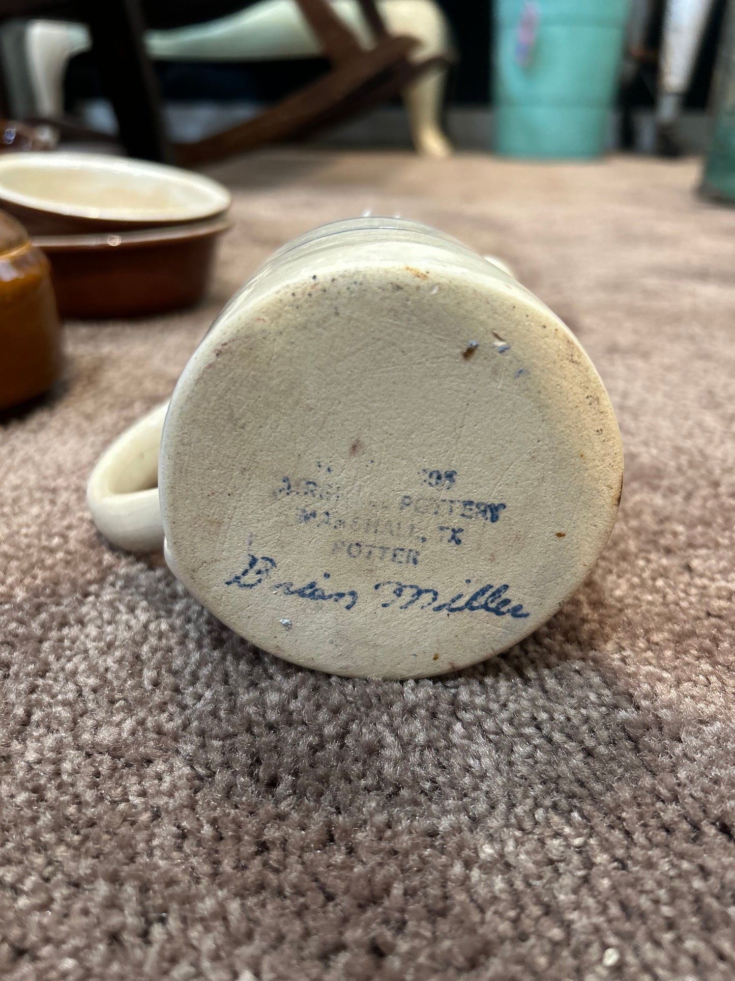 Small Marshall Pottery Crock Pitcher- Double Blue Stripes