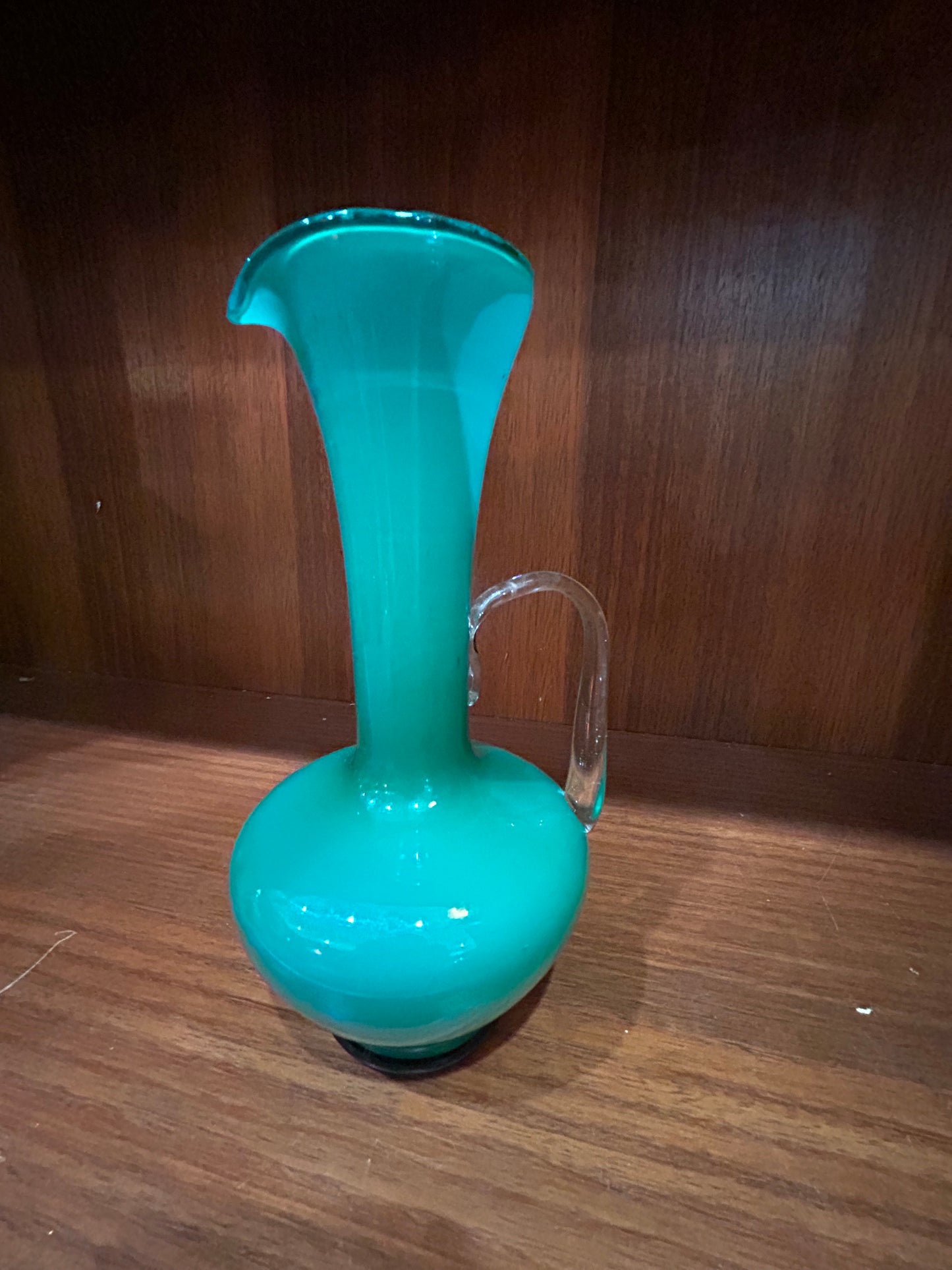 Green Glass Pitcher Vase- Celery Handle
