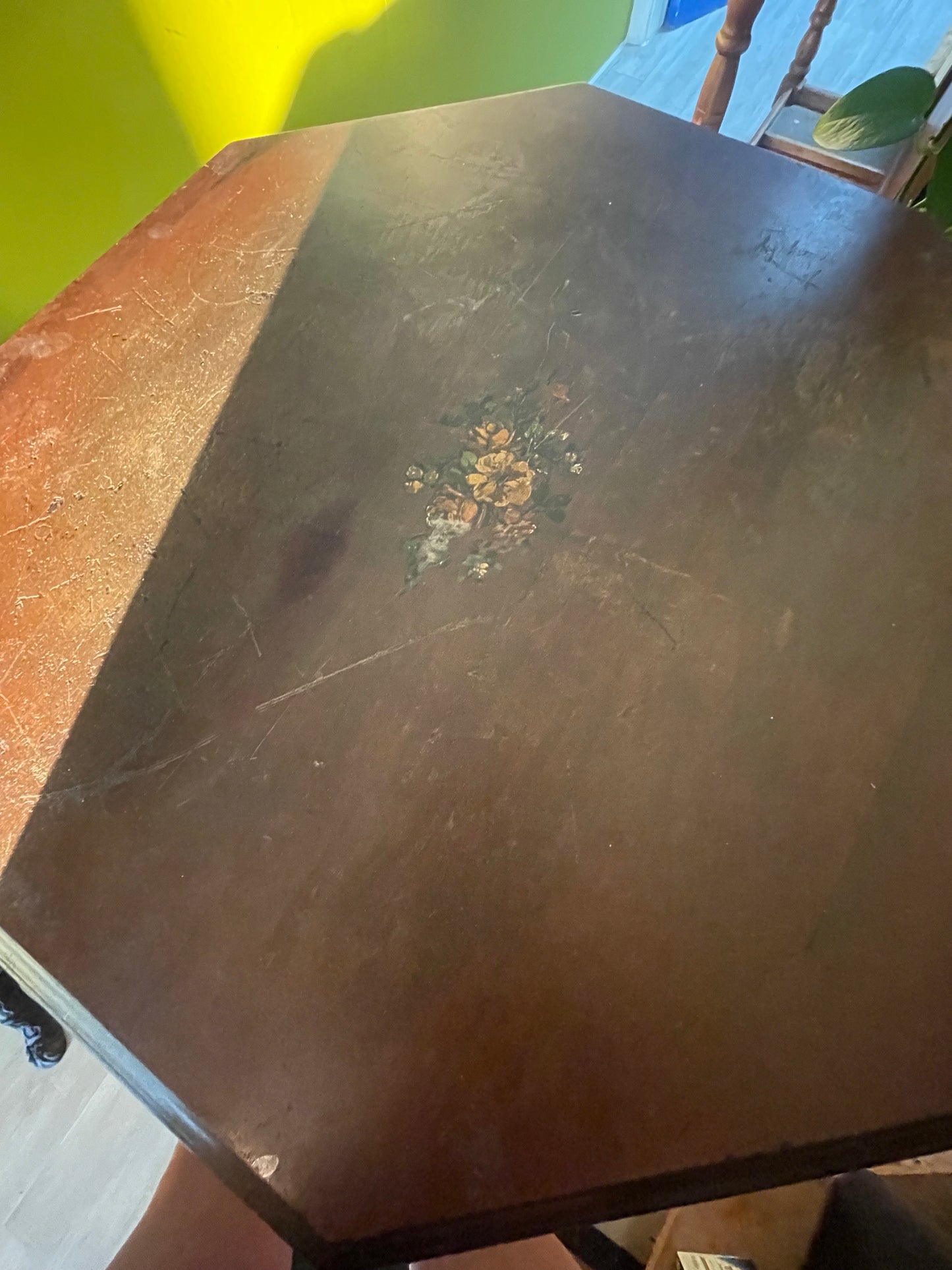 Antique Wooden Octagon Table- Imprinted and Original Glass