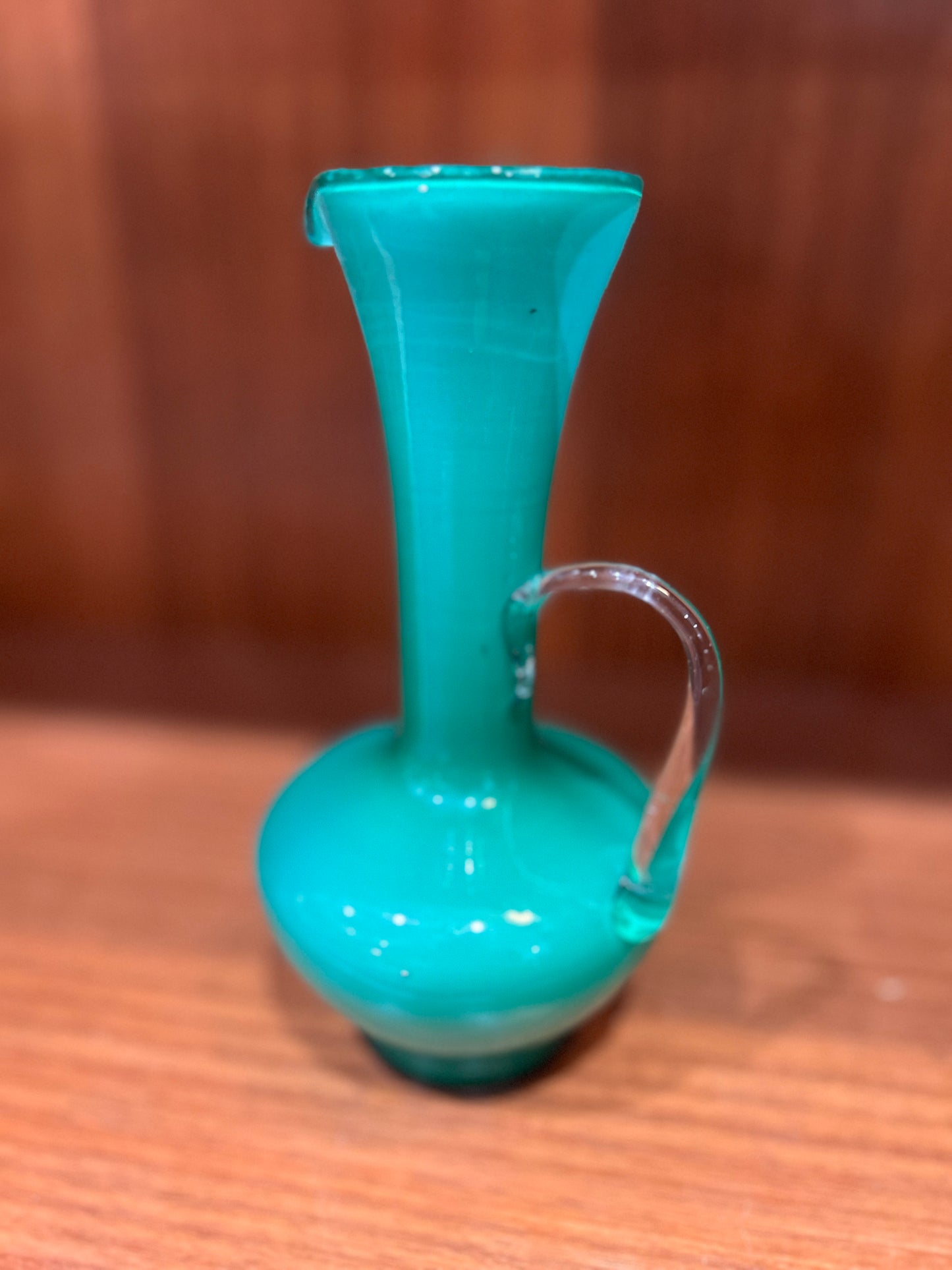 Green Glass Pitcher Vase- Celery Handle