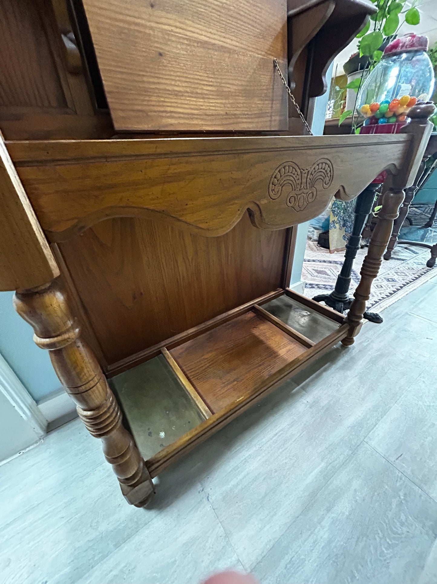 Vintage Oak Hall Tree- Stained Glass Trim and Mirror