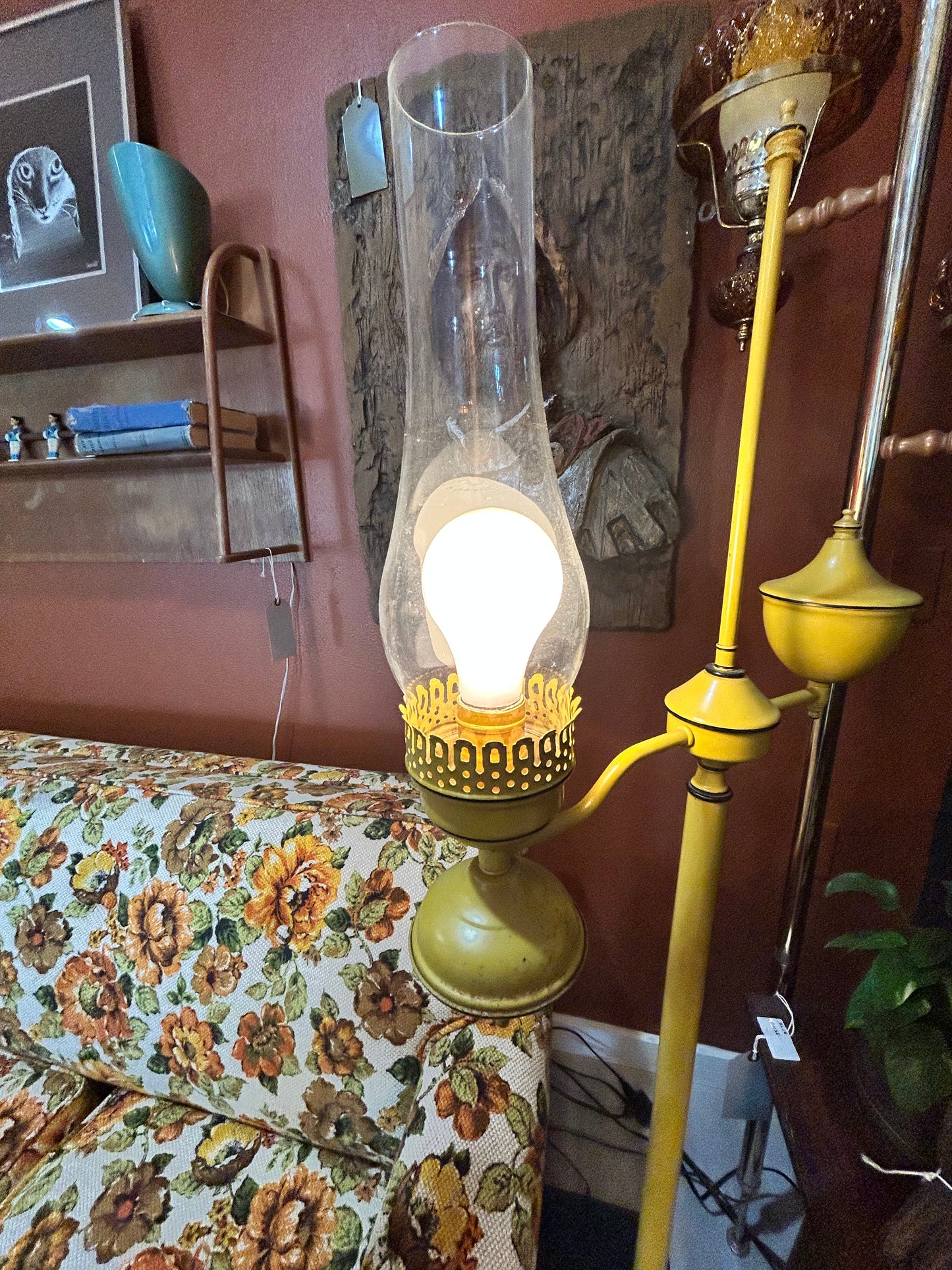 Vintage MCM Mustard Yellow Toleware Metal Floor Lamp