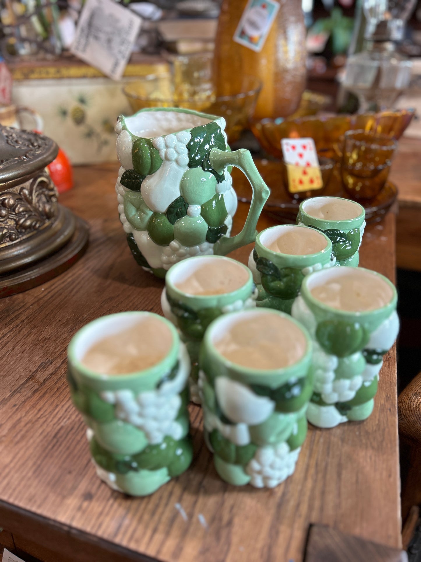 Vintage 70’s Majolica Fruit Pitcher and Set of 6 Juice Cups