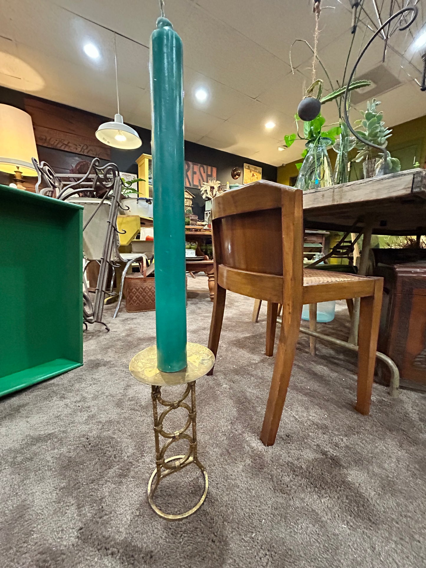 Vintage Gold Circle Candle Holder with Large Green Candle