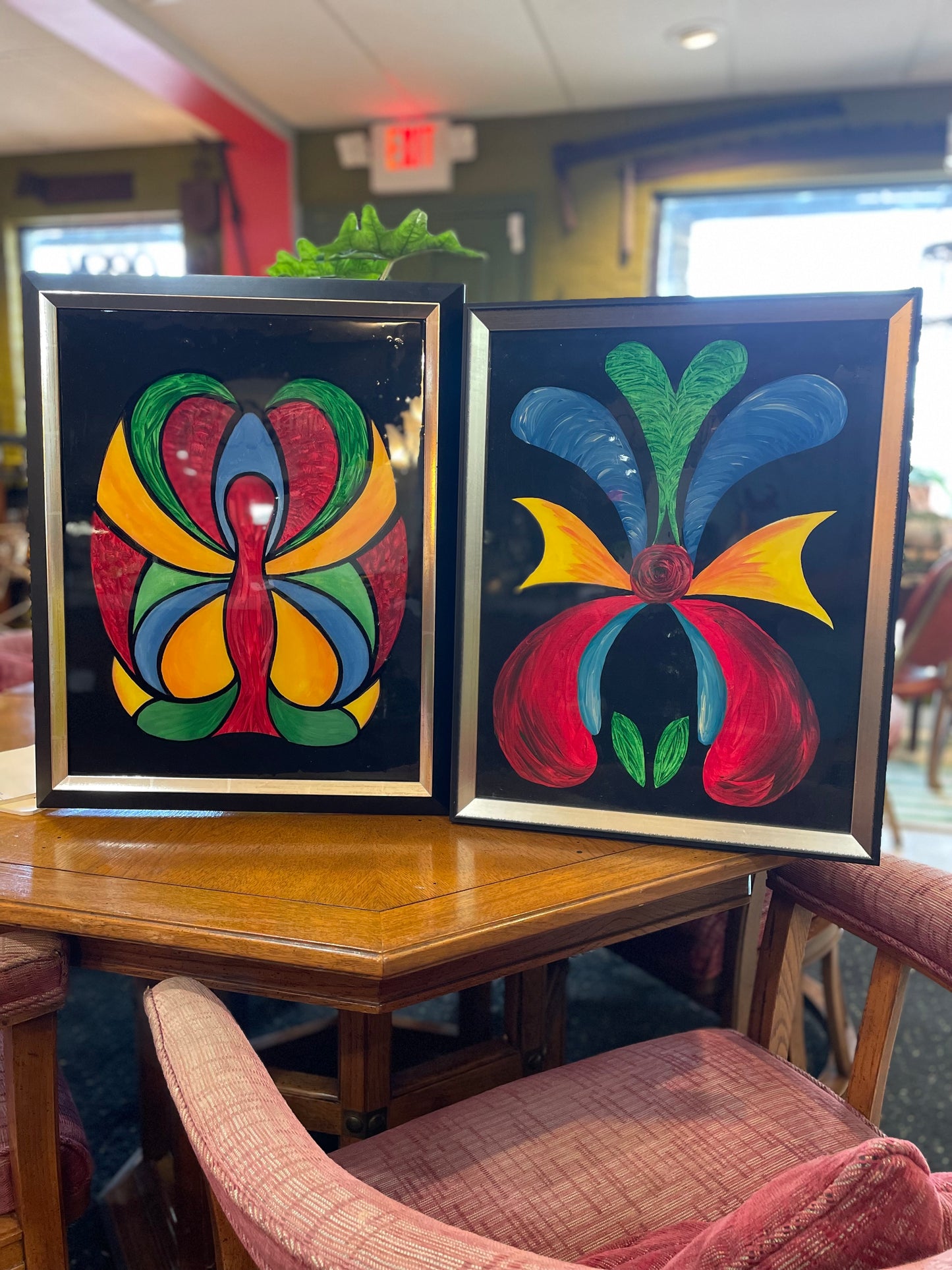 Set of 2 Abstract Flower And Butterfly on Canvas- Primary Colors- Signed Originals