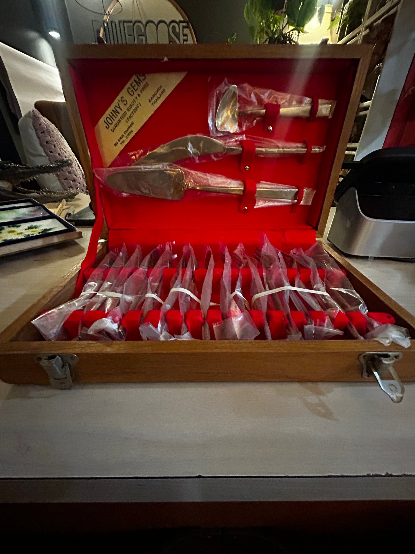 Unopened Gold Plated Dessert Silverware Set- Wooden Case