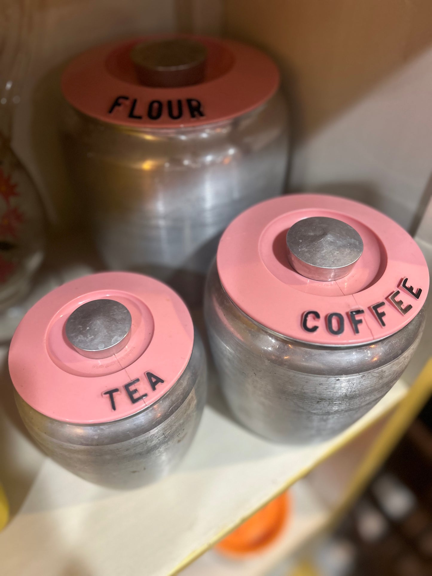 Vintage Rare Pink Kromex Brushed Aluminum Kitchen Canister- Set of 4