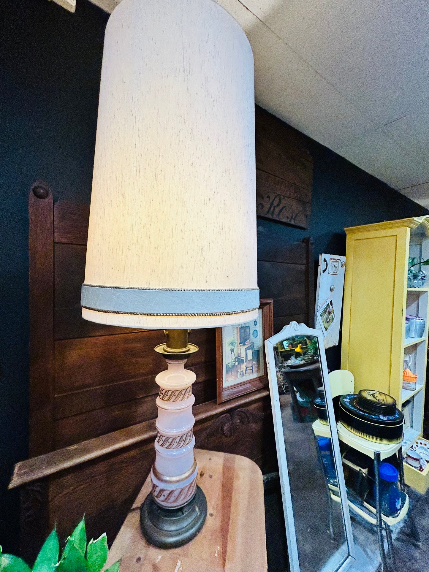 Vintage MCM Pink Glass and Brass Tall Table Lamp- Hand Painted Gold Accents