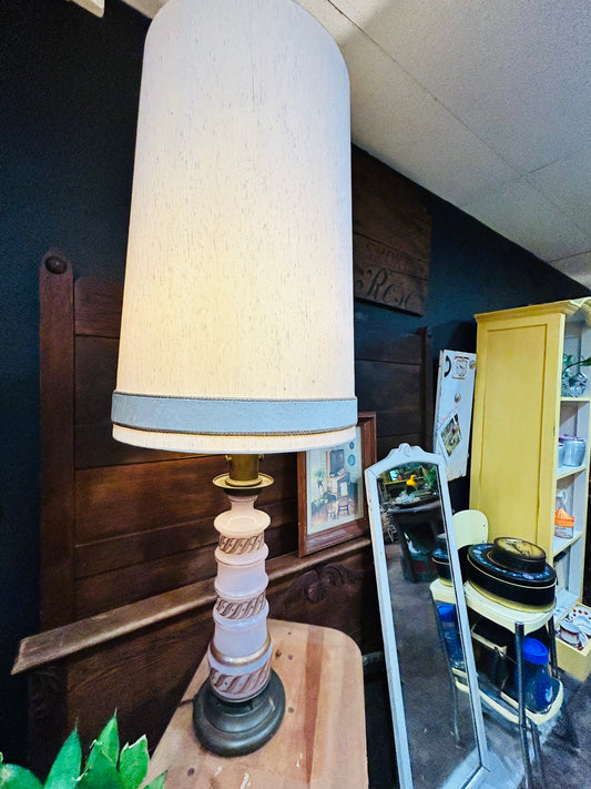 Vintage MCM Pink Glass and Brass Tall Table Lamp- Hand Painted Gold Accents