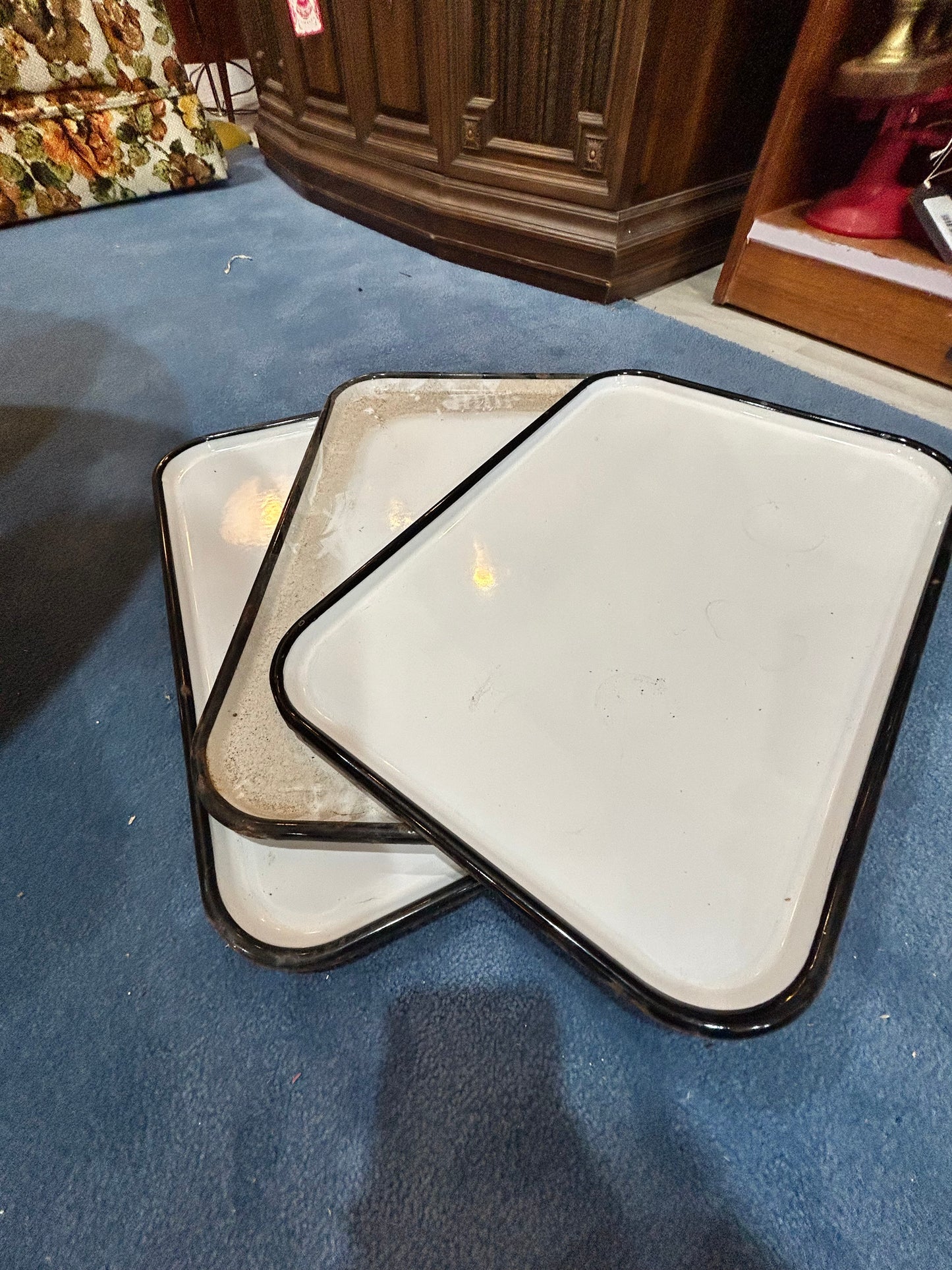 Vintage Black and White Porcelain Enamel Trays