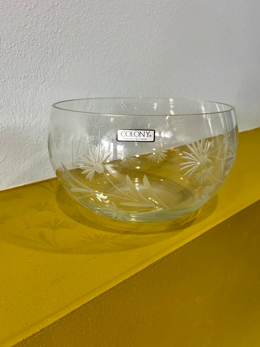 Vintage MCM Laura Etched Glass Cut Bowl-Big