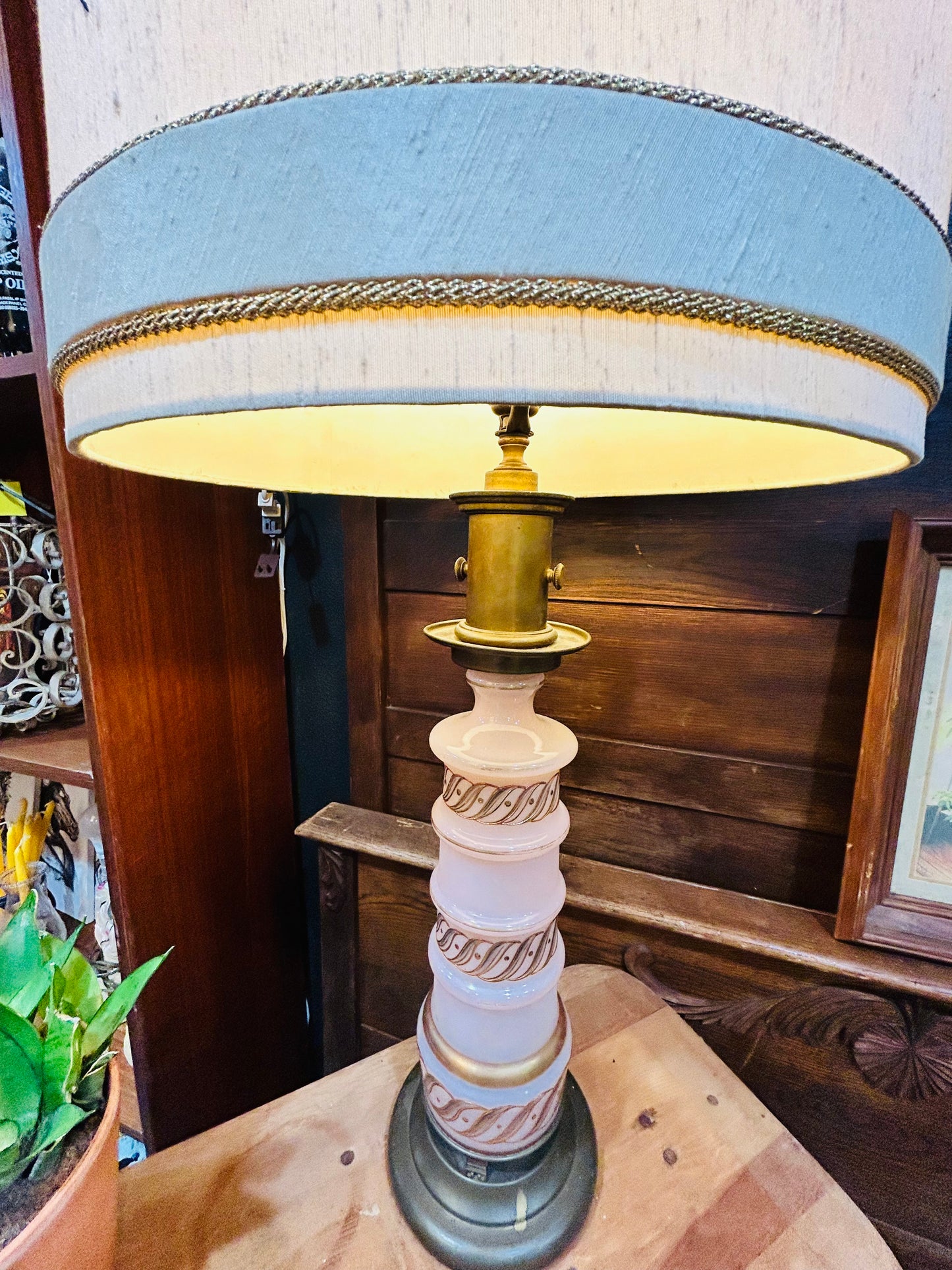 Vintage MCM Pink Glass and Brass Tall Table Lamp- Hand Painted Gold Accents