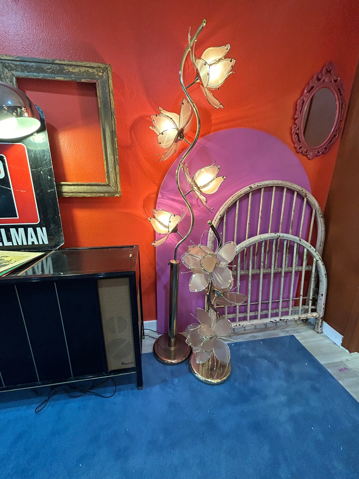 Italian Gilded Metal Lotus Flower Floor Lamps