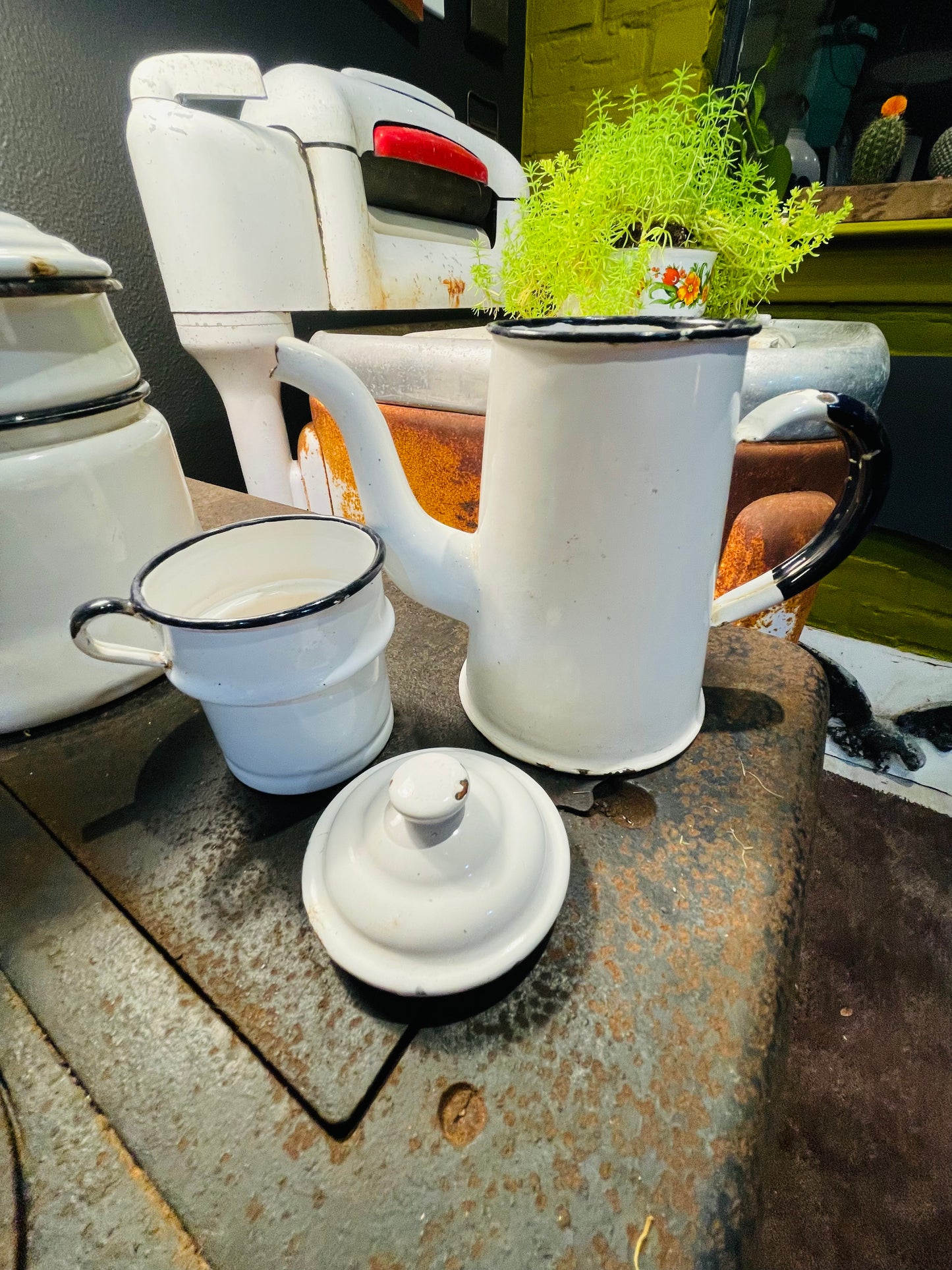 RARE Vintage French Enamelware 3 Piece Coffee Pot- White Black Trim