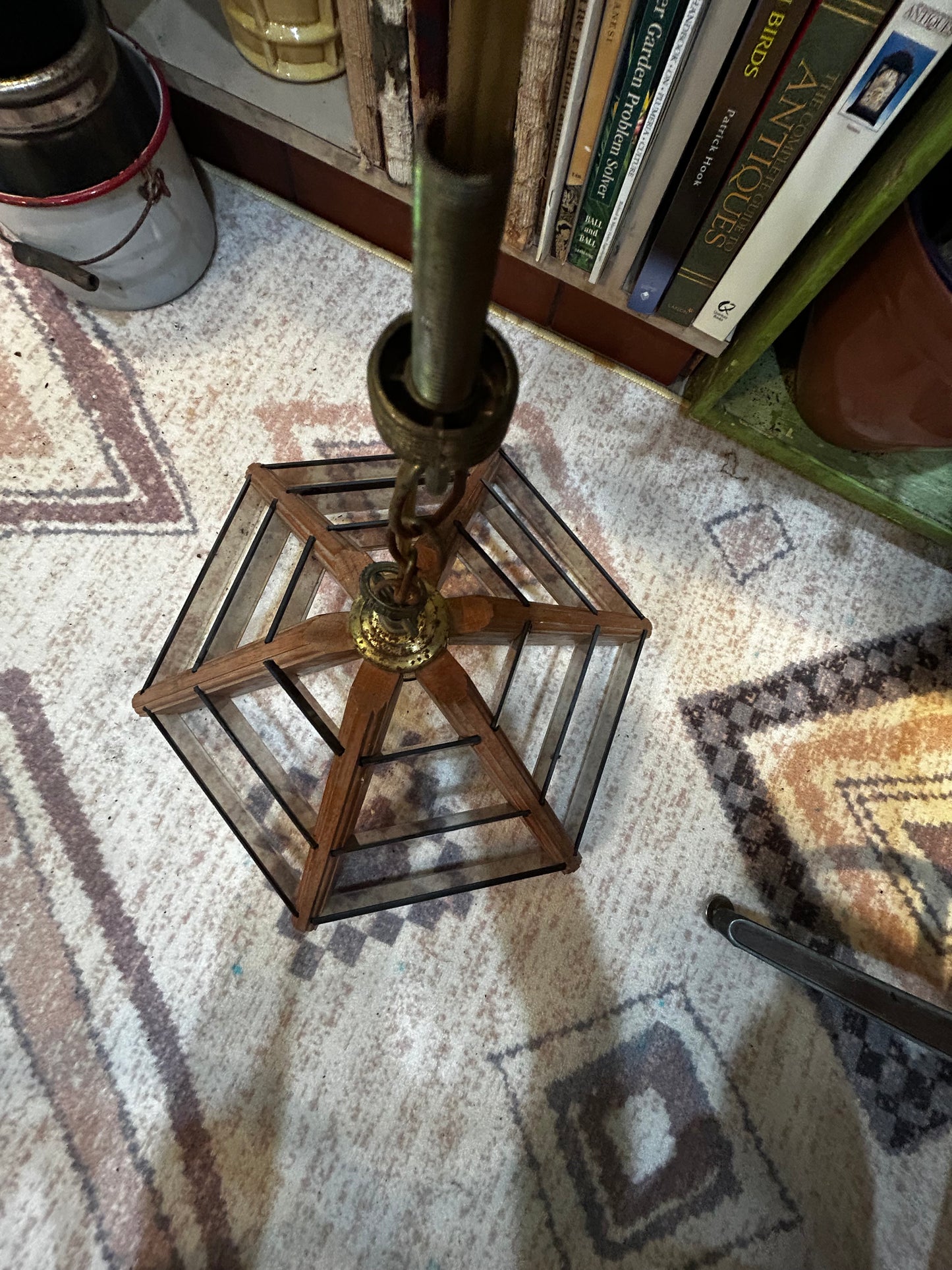 Mid Century Hexagon Swag Chandy- Tinted Brown Glass Slats