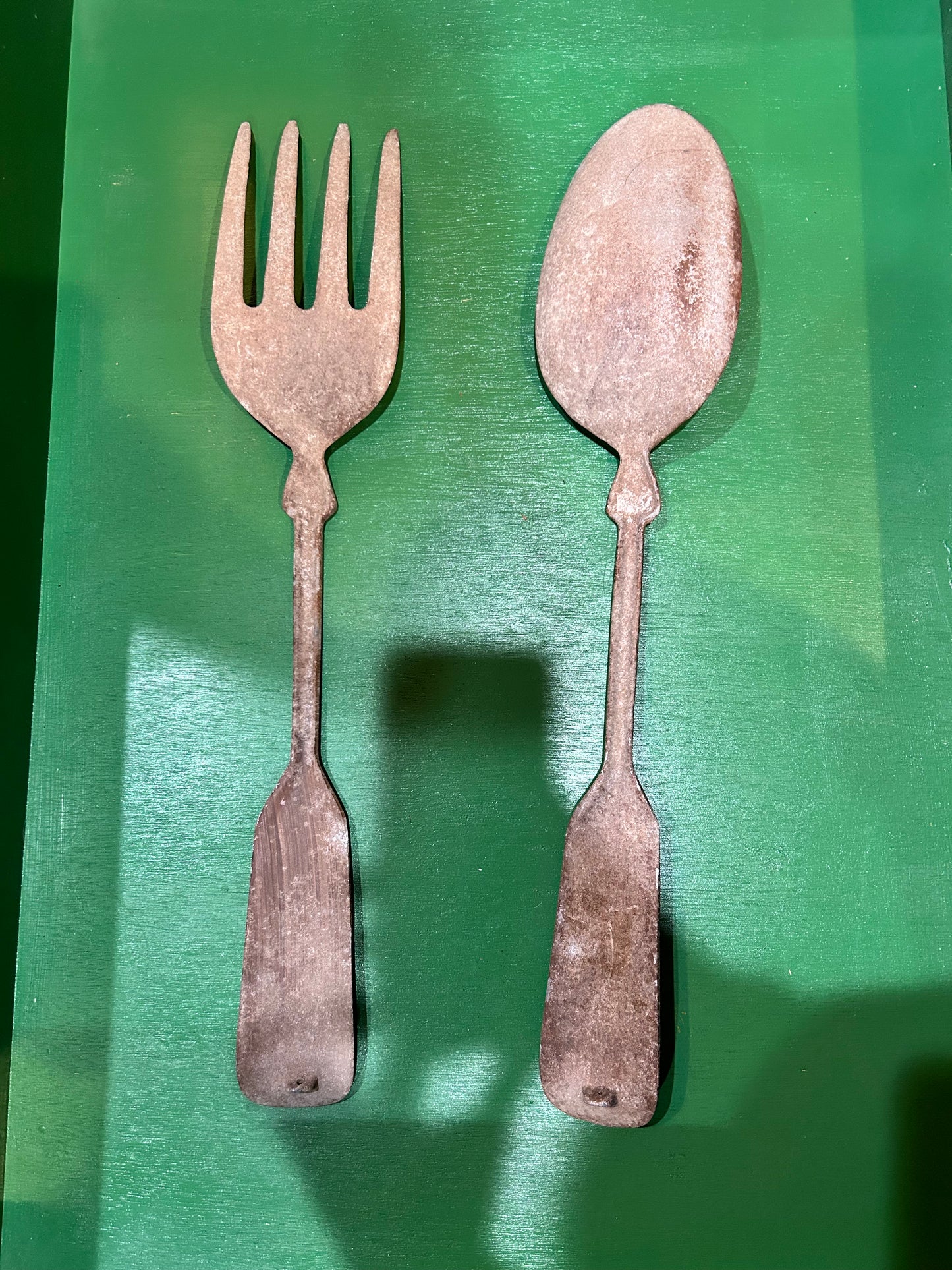 Vintage Large Metal Fork and Spoon Set 21” -Painted Woodlike Finish