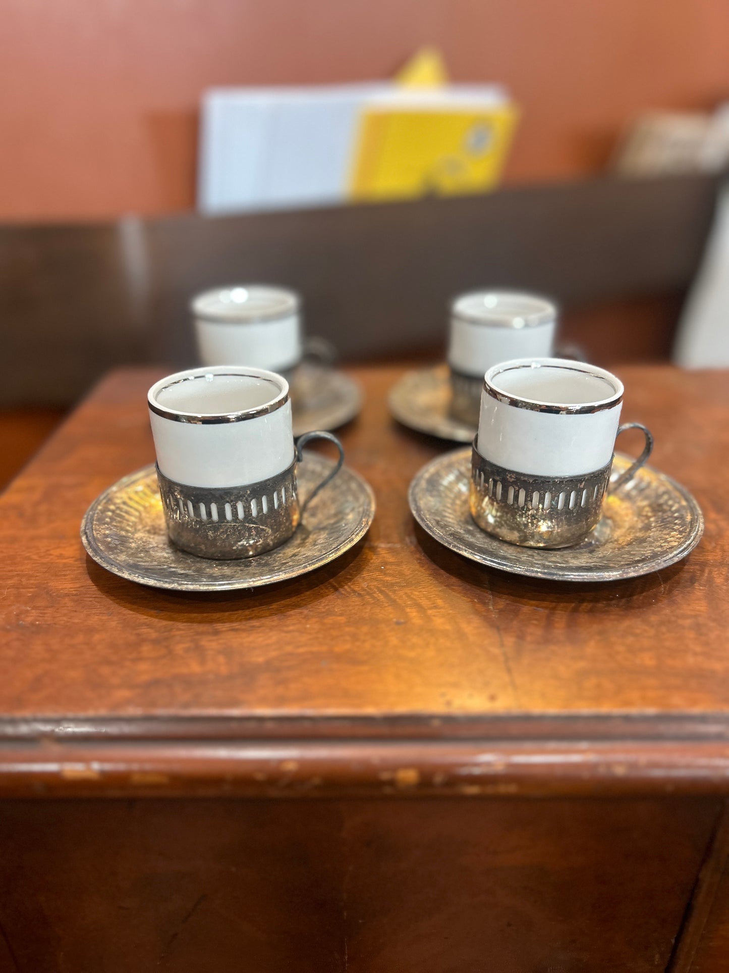 4 Porcelaana Veracruz Espresso Cups - Silver Holders and Saucers