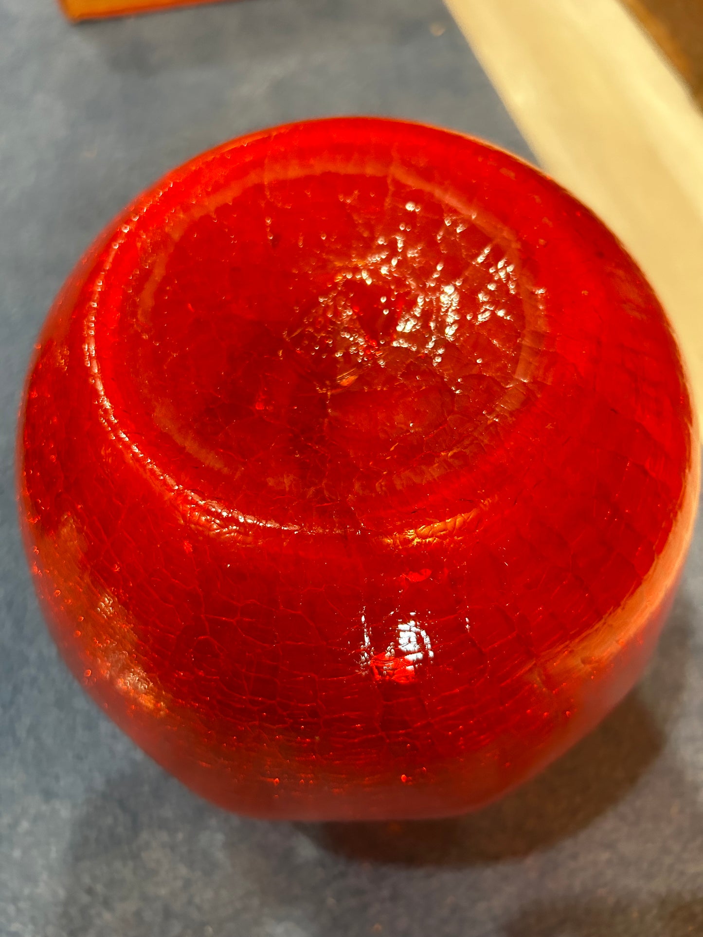 Amberina Crackle Glass Vase- Crimped Rim- Hand Blown