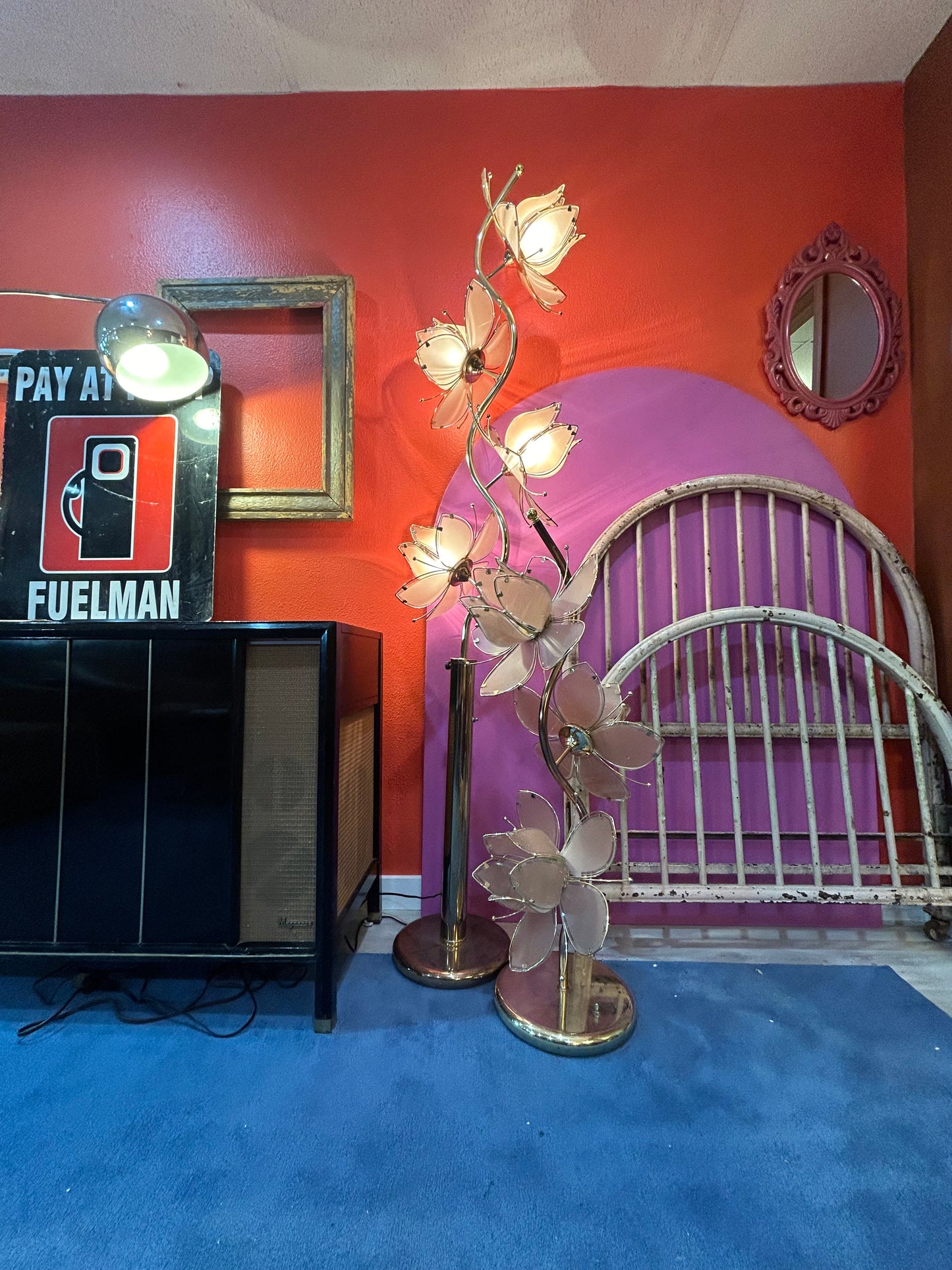 Italian Gilded Metal Lotus Flower Floor Lamps