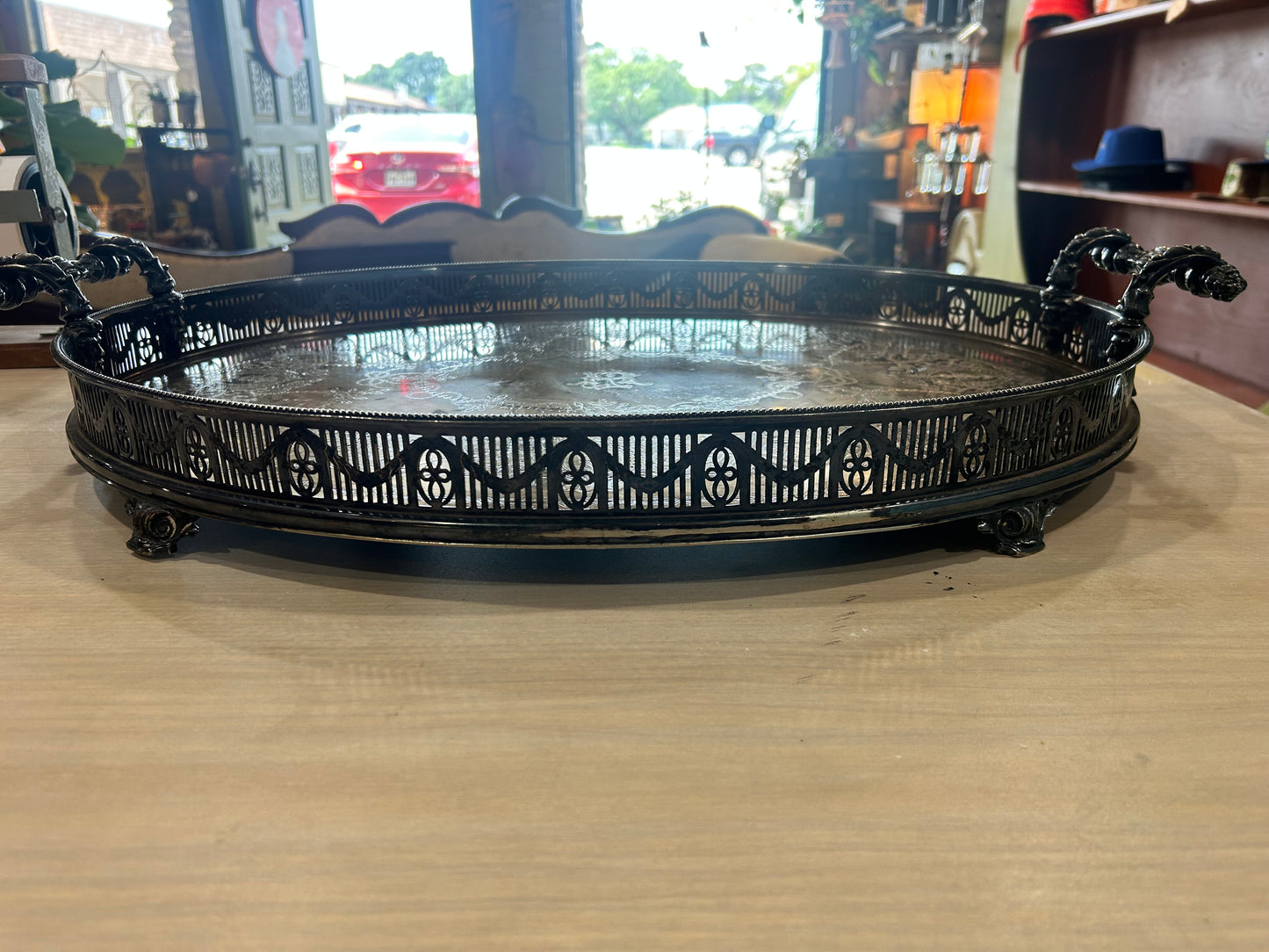 Martin Hall Victorian Footed Silver Plated Tray with Gallery and Handles