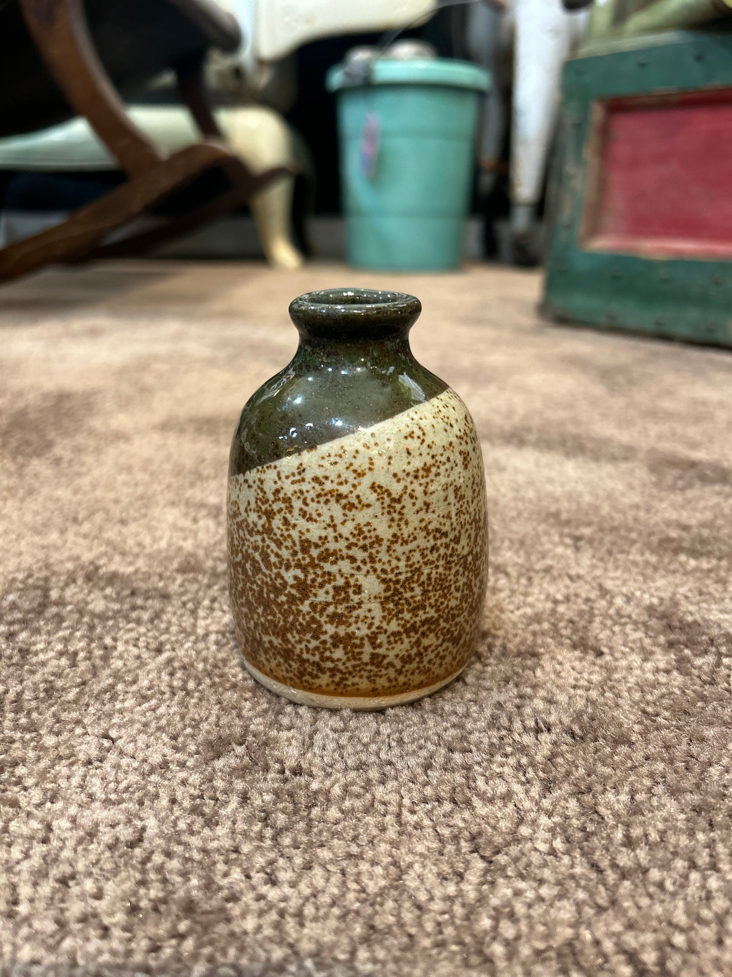 Vintage Brown Speckled and Green Gloss Bud Vase