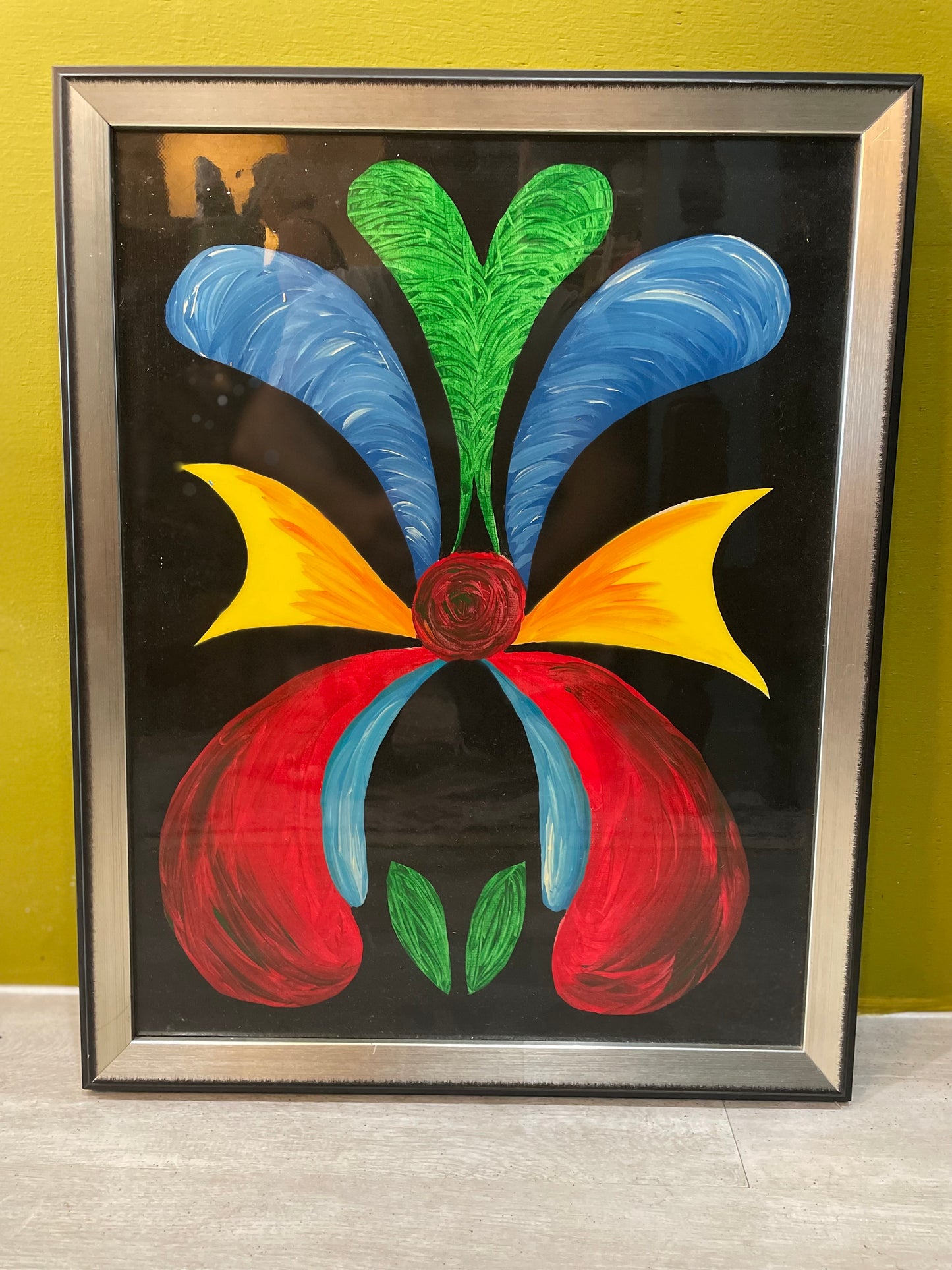 Set of 2 Abstract Flower And Butterfly on Canvas- Primary Colors- Signed Originals