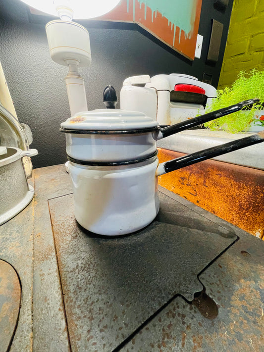 Vintage 1940’s Enamelware Double Broiler- White with Black Trim and Handle