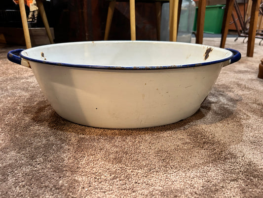 Large Enamel Ware Tub Basin- Oval Wash Bowl Royal Blue Trim