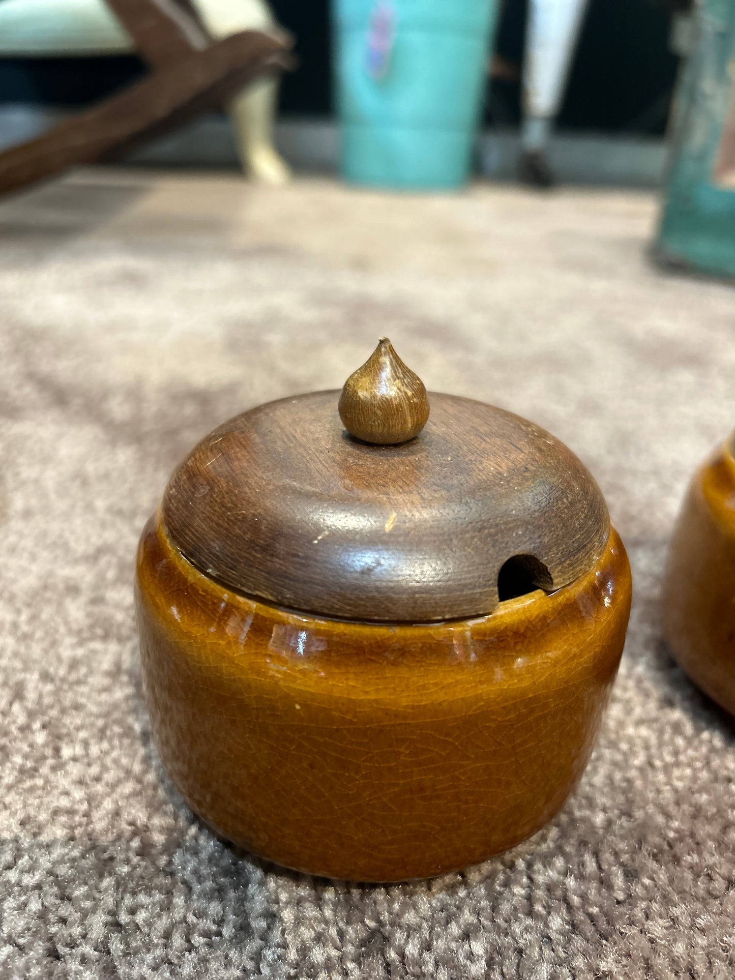 Vintage 70’s Condiment Set- Ceramic and Wood- No Spoons