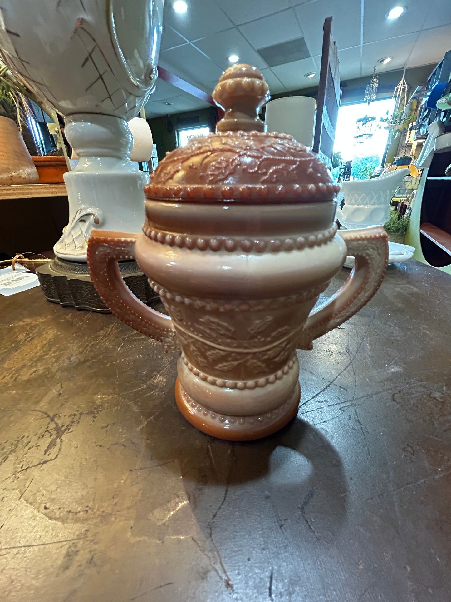 Summit Vintage Chocolate Caramel Slag Glass- Sugar Bowl With Lid- Holly Berry