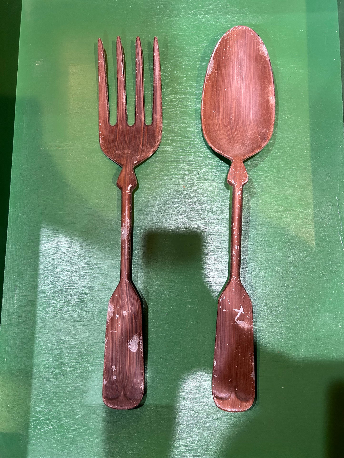 Vintage Large Metal Fork and Spoon Set 21” -Painted Woodlike Finish
