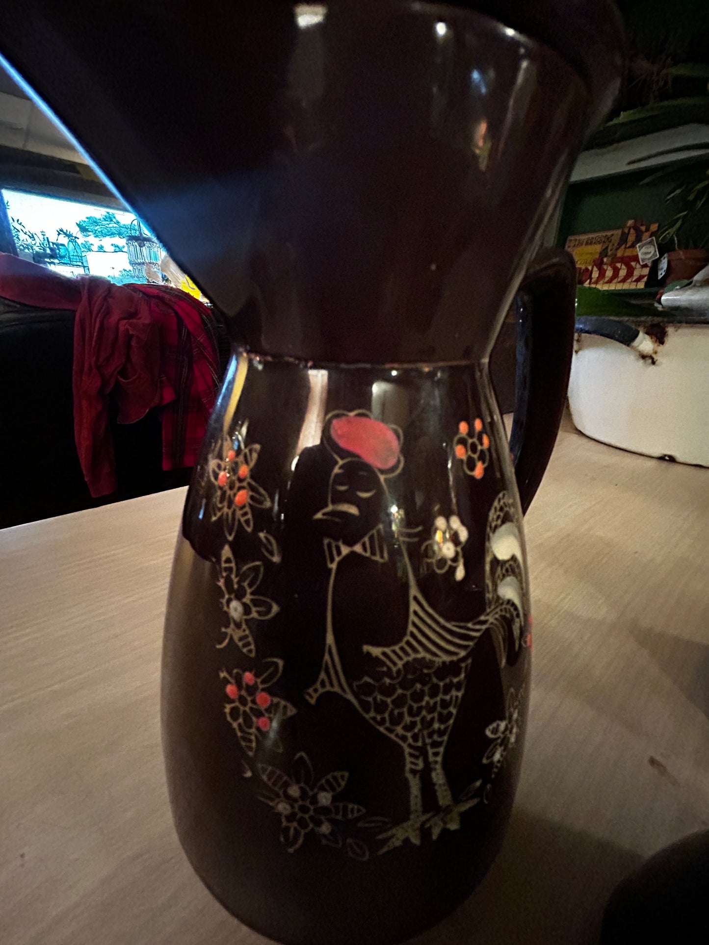 Vintage Moriage Redware Pitcher, Cramer, Sugar Bowl Set- Enameled Rooster-Japan