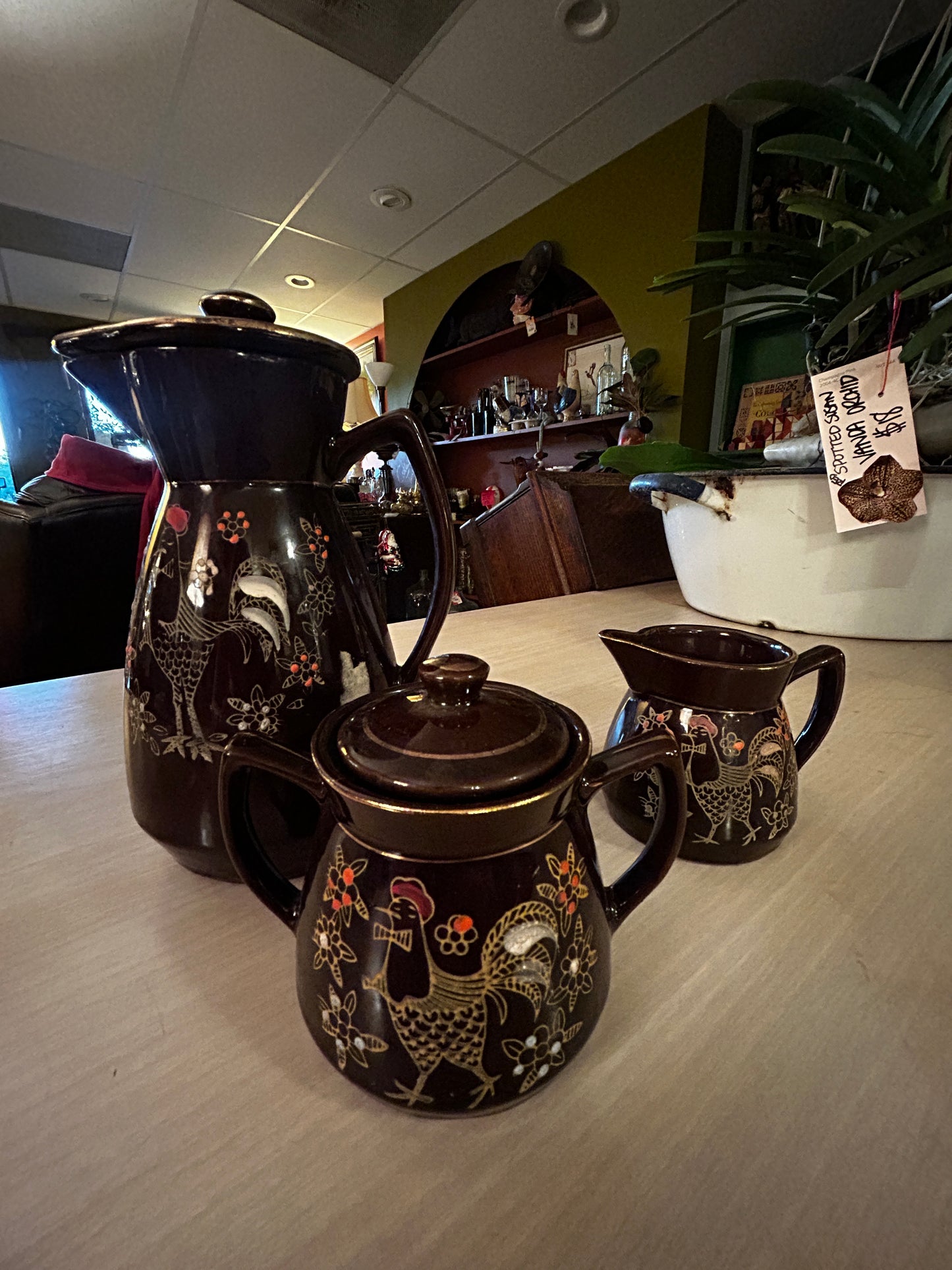 Vintage Moriage Redware Pitcher, Cramer, Sugar Bowl Set- Enameled Rooster-Japan