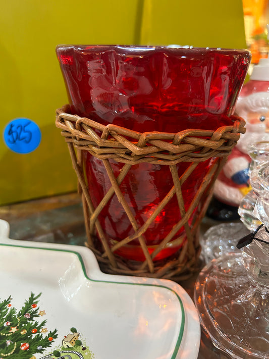 Set of 2 Christmas Vases- Green and Red Glass