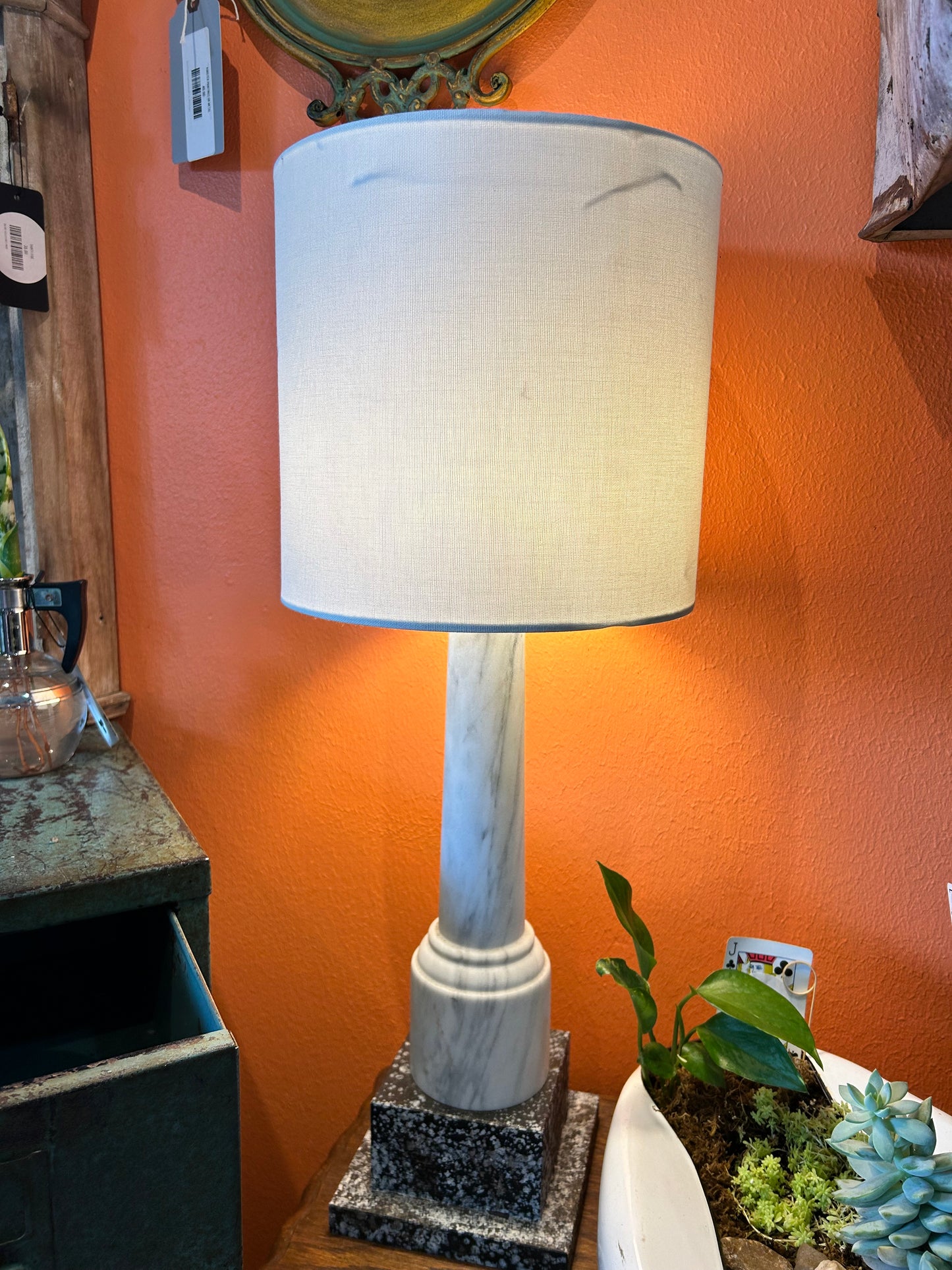 Vintage Solid Italian Carrara Marble Lamp with Wooden Base