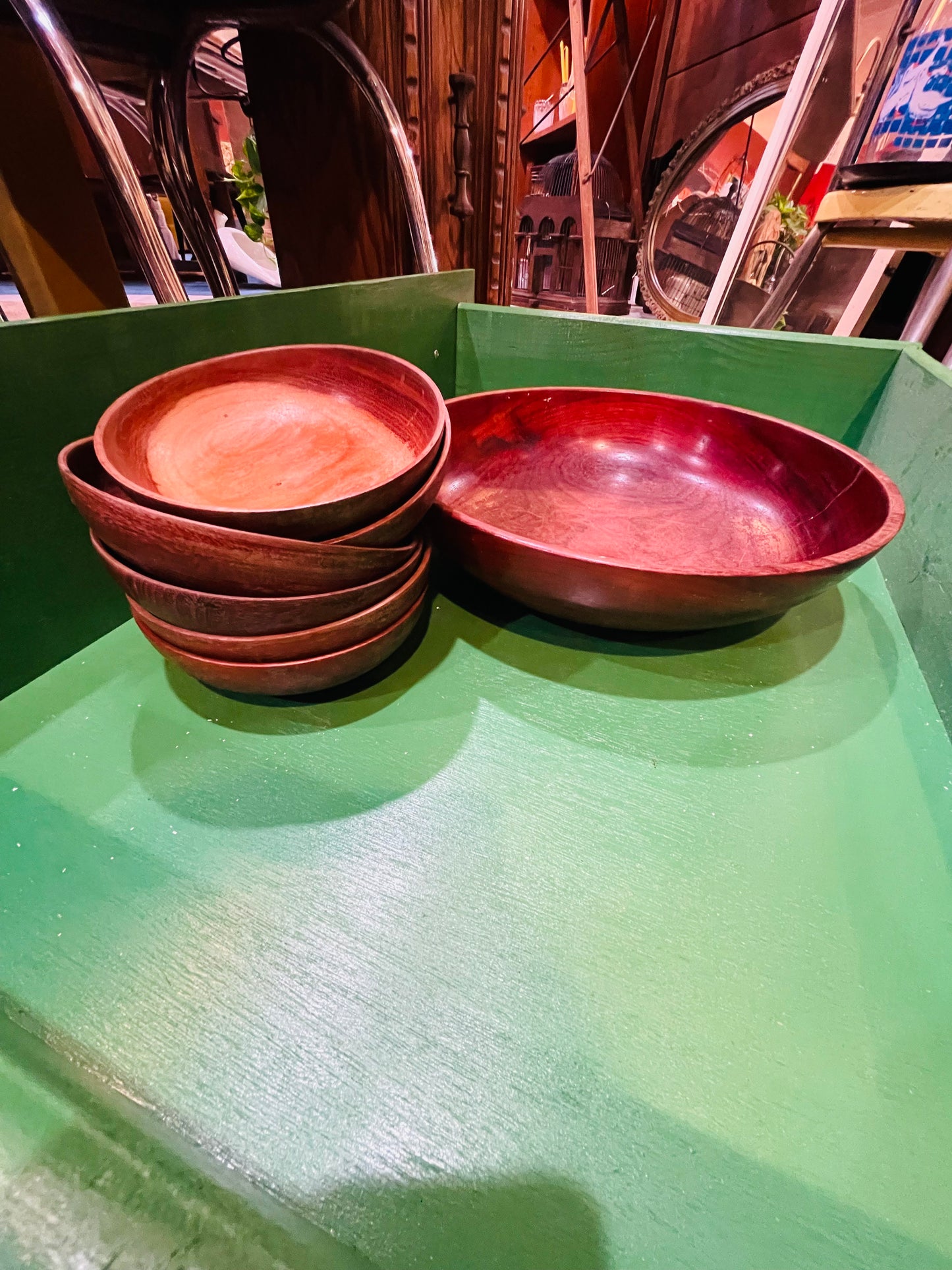 Vintage Handmade Cherry Wood Salad Bowl Set- Big Bowl with 6 Small Bowls